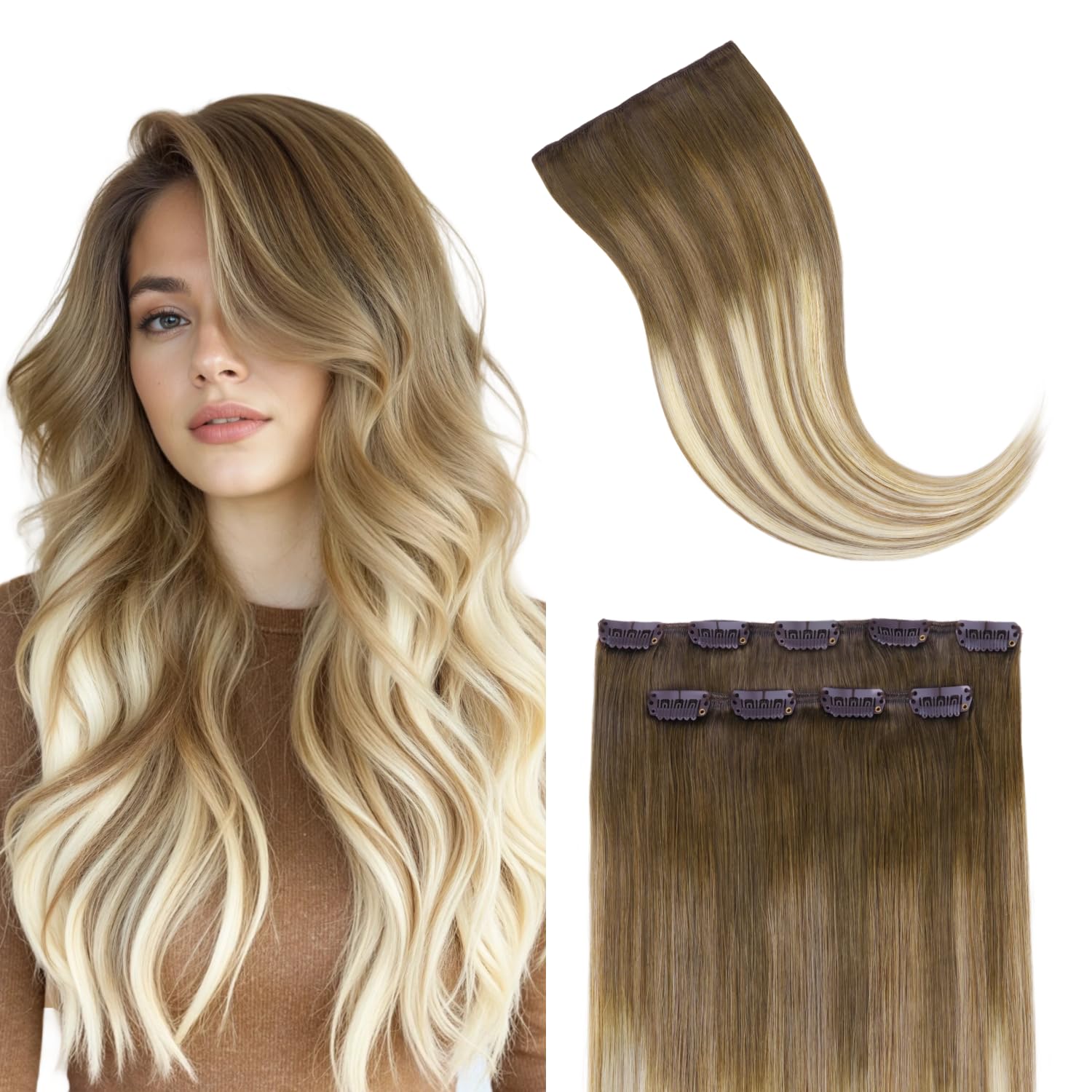 GOO GOO Clip in Hair Extensions Human Hair, 14inch 120g 7Pcs, 3/8/613 Balayage Walnut Brown to Ash Brown and Bleach Blonde, Hair extensions for women, Human Hair Extensions Clip in - pokemaGOO GOO Clip in Hair Extensions Human Hair, 14inch 120g 7Pcs, 3/8/613 Balayage Walnut Brown to Ash Brown and Bleach Blonde, Hair extensions for women, Human Hair Extensions Clip in