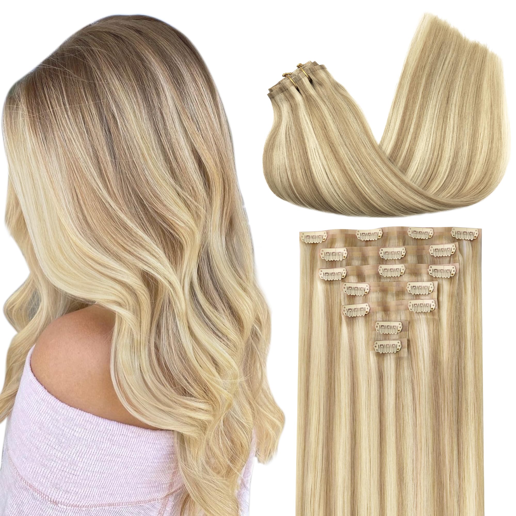 GOO GOO Clip in Hair Extensions Human Hair, 14inch 120g 7Pcs, 3/8/613 Balayage Walnut Brown to Ash Brown and Bleach Blonde, Hair extensions for women, Human Hair Extensions Clip in - pokemaGOO GOO Clip in Hair Extensions Human Hair, 14inch 120g 7Pcs, 3/8/613 Balayage Walnut Brown to Ash Brown and Bleach Blonde, Hair extensions for women, Human Hair Extensions Clip in