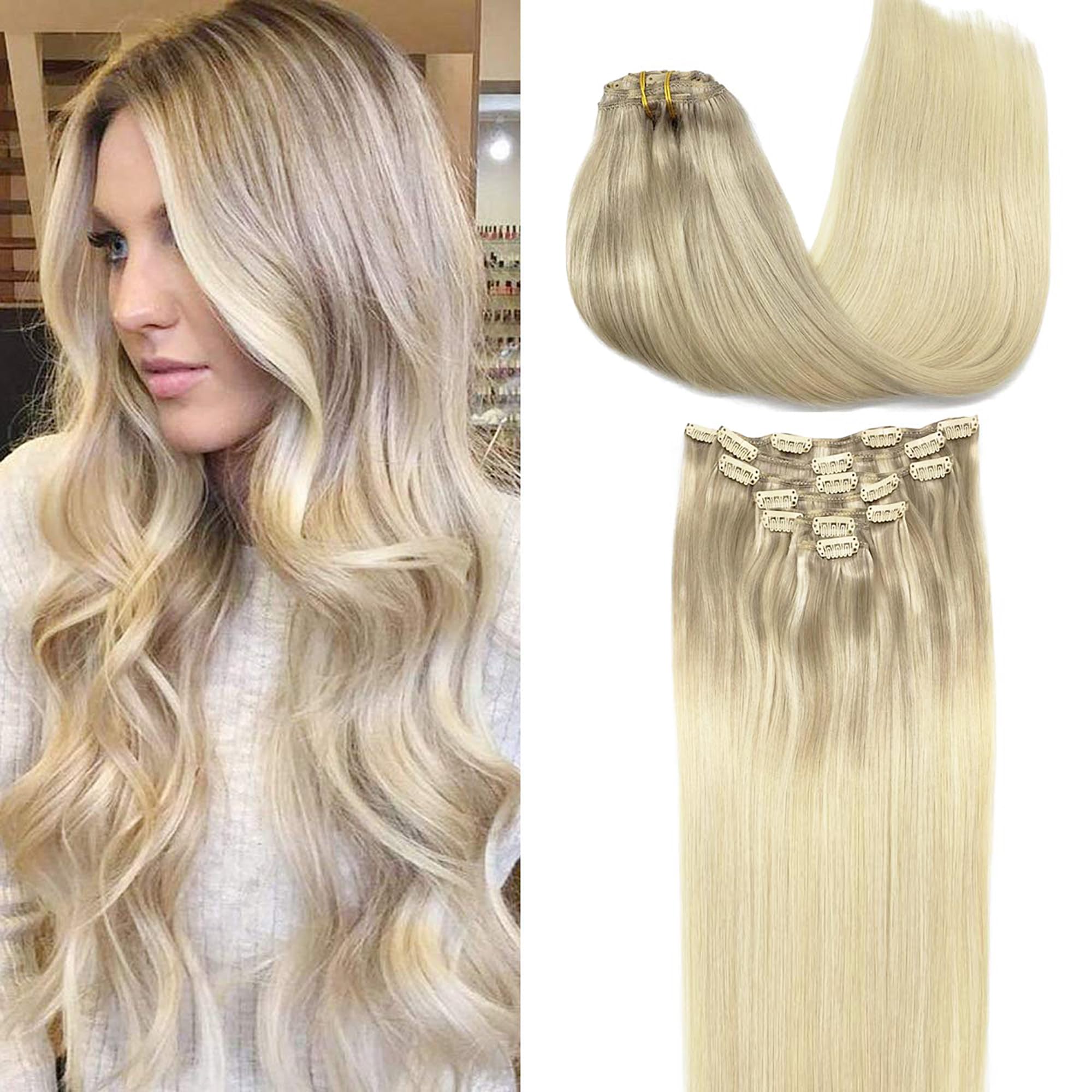 GOO GOO Clip in Hair Extensions Human Hair, 14inch 120g 7Pcs, 3/8/613 Balayage Walnut Brown to Ash Brown and Bleach Blonde, Hair extensions for women, Human Hair Extensions Clip in - pokemaGOO GOO Clip in Hair Extensions Human Hair, 14inch 120g 7Pcs, 3/8/613 Balayage Walnut Brown to Ash Brown and Bleach Blonde, Hair extensions for women, Human Hair Extensions Clip in