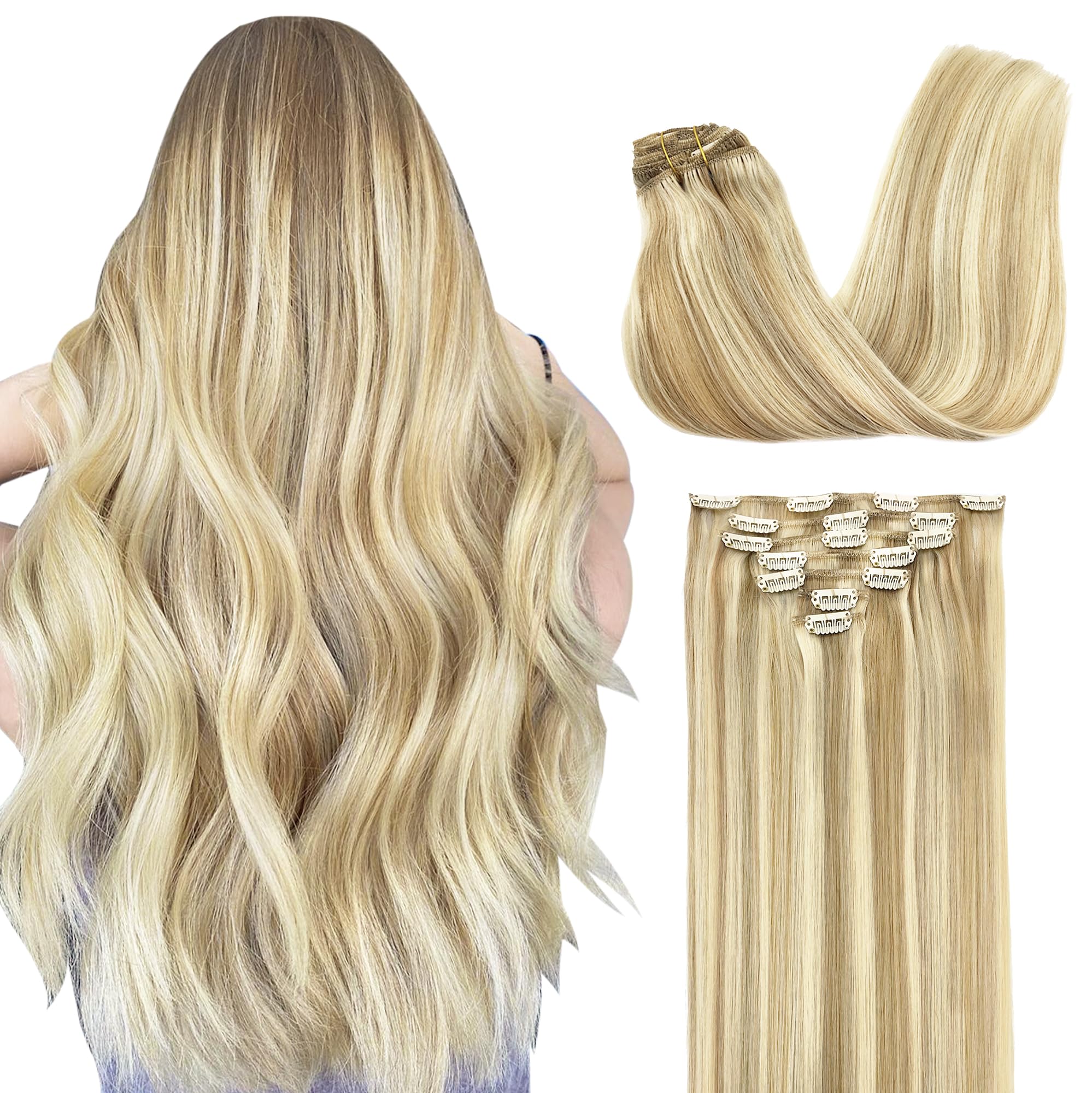 GOO GOO Clip in Hair Extensions Human Hair, 14inch 120g 7Pcs, 3/8/613 Balayage Walnut Brown to Ash Brown and Bleach Blonde, Hair extensions for women, Human Hair Extensions Clip in - pokemaGOO GOO Clip in Hair Extensions Human Hair, 14inch 120g 7Pcs, 3/8/613 Balayage Walnut Brown to Ash Brown and Bleach Blonde, Hair extensions for women, Human Hair Extensions Clip in