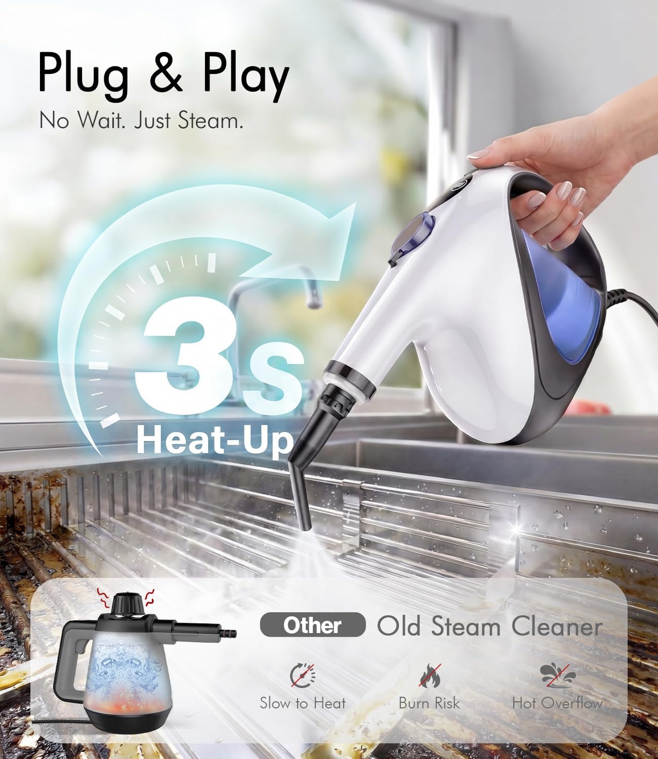 Handheld Steam Cleaner for Home 3s Instant Heat-Up No Need to Wait, Upgrade 2 LB Light Weight Easy Refill Portable Steamer Cleaner for Furniture Couch Grout Walls Kitchenware Cleaning (White) - pokemaHandheld Steam Cleaner for Home 3s Instant Heat-Up No Need to Wait, Upgrade 2 LB Light Weight Easy Refill Portable Steamer Cleaner for Furniture Couch Grout Walls Kitchenware Cleaning (White)