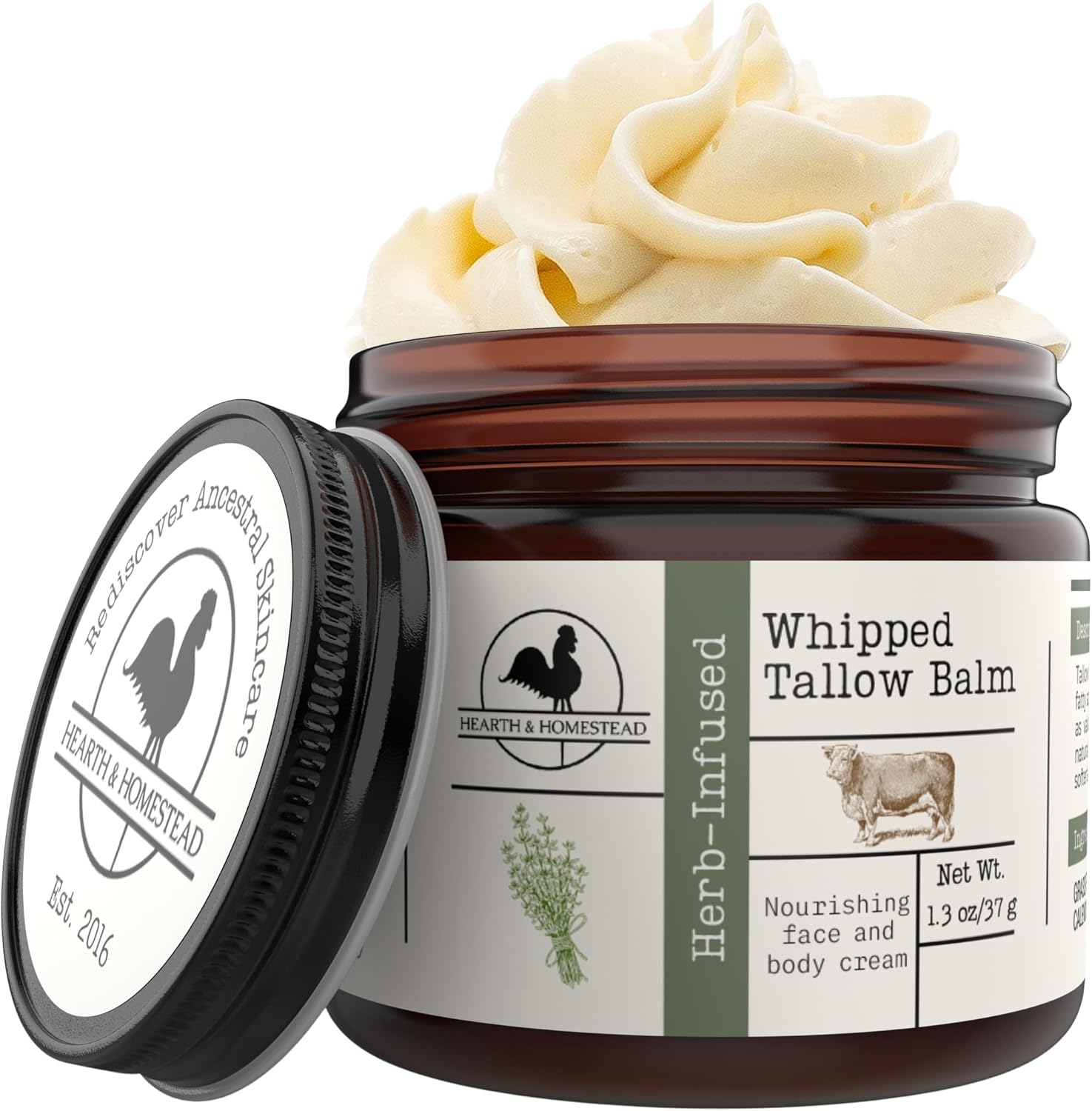 Hearth & Homestead Whipped Beef Tallow for Skin & Face – 100% Grass Fed, Eczema Cream & Body Butter – Organic Olive Oil, Calendula & Rose – Lotion & Hand Moisturizer for Dry Skin, Unscented, 37g - pokemaHearth & Homestead Whipped Beef Tallow for Skin & Face – 100% Grass Fed, Eczema Cream & Body Butter – Organic Olive Oil, Calendula & Rose – Lotion & Hand Moisturizer for Dry Skin, Unscented, 37g
