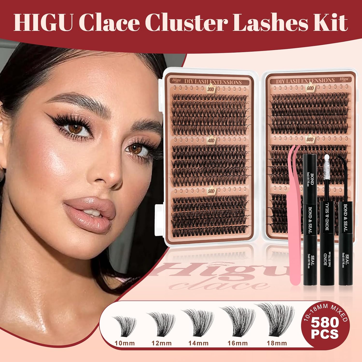 Higu clace Lash-Clusters-Kit 580pcs Eyelash Clusters 6 Styles Mixed 10-18MM,Natural Lash Extension Kit with Bond and Tweezer, Easy to Use, Can DIY at Home,for Daily Wear(30D+40D+50D+60D+80D+100D) - pokemaHigu clace Lash-Clusters-Kit 580pcs Eyelash Clusters 6 Styles Mixed 10-18MM,Natural Lash Extension Kit with Bond and Tweezer, Easy to Use, Can DIY at Home,for Daily Wear(30D+40D+50D+60D+80D+100D)