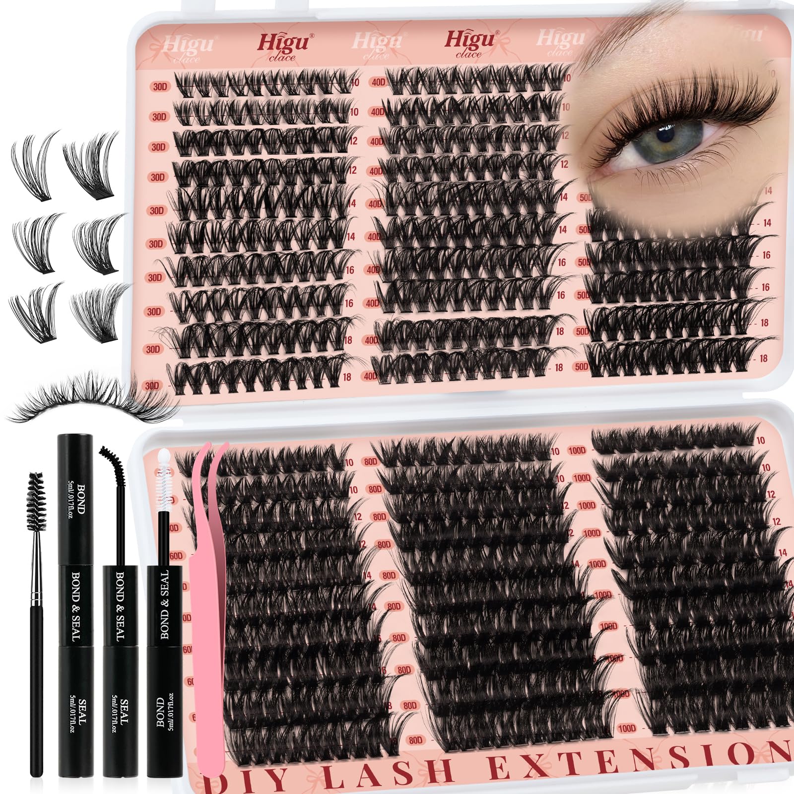 Higu clace Lash-Clusters-Kit 580pcs Eyelash Clusters 6 Styles Mixed 10-18MM,Natural Lash Extension Kit with Bond and Tweezer, Easy to Use, Can DIY at Home,for Daily Wear(30D+40D+50D+60D+80D+100D) - pokemaHigu clace Lash-Clusters-Kit 580pcs Eyelash Clusters 6 Styles Mixed 10-18MM,Natural Lash Extension Kit with Bond and Tweezer, Easy to Use, Can DIY at Home,for Daily Wear(30D+40D+50D+60D+80D+100D)