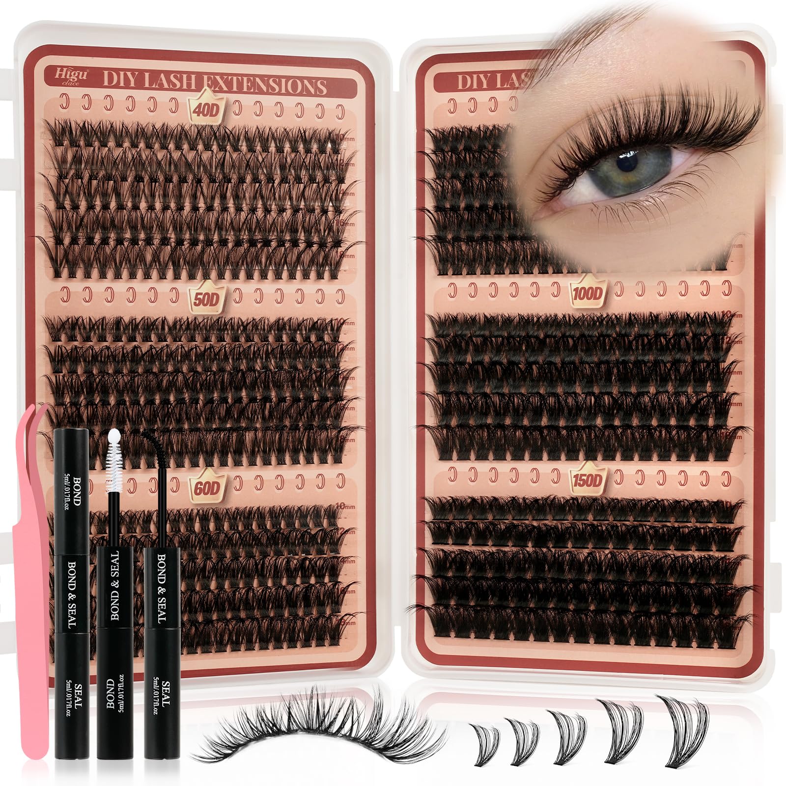 Higu clace Lash-Clusters-Kit 580pcs Eyelash Clusters 6 Styles Mixed 10-18MM,Natural Lash Extension Kit with Bond and Tweezer, Easy to Use, Can DIY at Home,for Daily Wear(30D+40D+50D+60D+80D+100D) - pokemaHigu clace Lash-Clusters-Kit 580pcs Eyelash Clusters 6 Styles Mixed 10-18MM,Natural Lash Extension Kit with Bond and Tweezer, Easy to Use, Can DIY at Home,for Daily Wear(30D+40D+50D+60D+80D+100D)