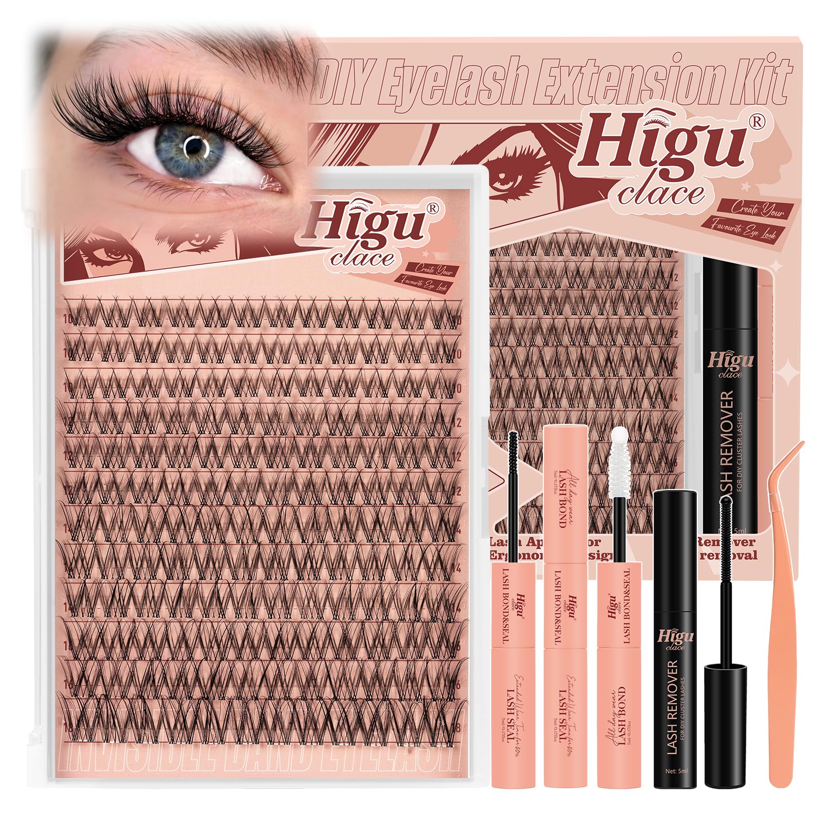 Higu clace Lash-Clusters-Kit 580pcs Eyelash Clusters 6 Styles Mixed 10-18MM,Natural Lash Extension Kit with Bond and Tweezer, Easy to Use, Can DIY at Home,for Daily Wear(30D+40D+50D+60D+80D+100D) - pokemaHigu clace Lash-Clusters-Kit 580pcs Eyelash Clusters 6 Styles Mixed 10-18MM,Natural Lash Extension Kit with Bond and Tweezer, Easy to Use, Can DIY at Home,for Daily Wear(30D+40D+50D+60D+80D+100D)