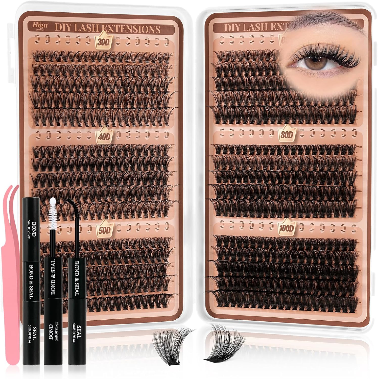 Higu clace Lash-Clusters-Kit 580pcs Eyelash Clusters 6 Styles Mixed 10-18MM,Natural Lash Extension Kit with Bond and Tweezer, Easy to Use, Can DIY at Home,for Daily Wear(30D+40D+50D+60D+80D+100D) - pokemaHigu clace Lash-Clusters-Kit 580pcs Eyelash Clusters 6 Styles Mixed 10-18MM,Natural Lash Extension Kit with Bond and Tweezer, Easy to Use, Can DIY at Home,for Daily Wear(30D+40D+50D+60D+80D+100D)
