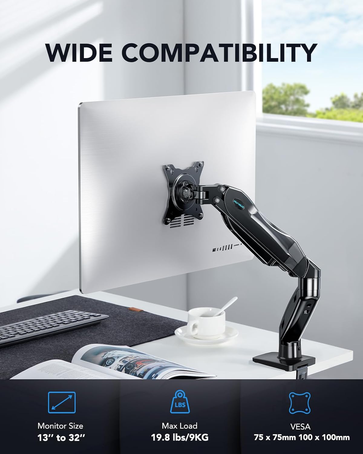 HUANUO Single Monitor Mount, 13 to 32 Inch Design Monitor Arm, Adjustable Stand, Vesa Mount with Clamp and Grommet Base - Fits 4.4 to 19.8lbs LCD Computer Monitors - pokemaHUANUO Single Monitor Mount, 13 to 32 Inch Design Monitor Arm, Adjustable Stand, Vesa Mount with Clamp and Grommet Base - Fits 4.4 to 19.8lbs LCD Computer Monitors