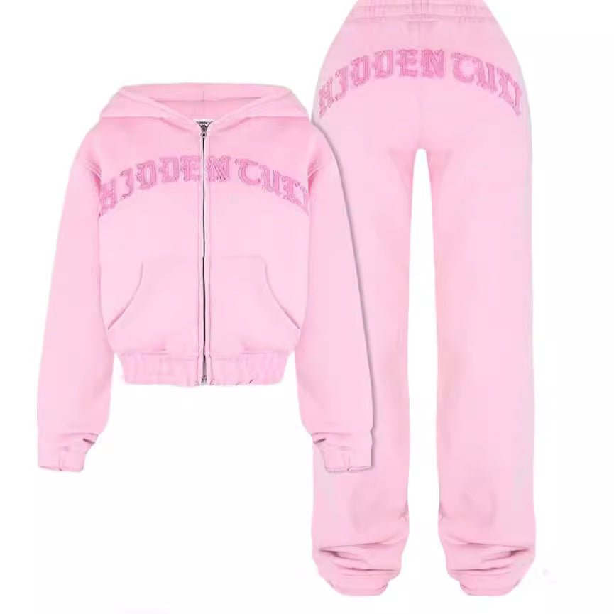 Ins Letter Sports Suit Zip-up Hooded Cropped Sweatshirt Top And Loose Drawstring Trousers Fashion Womens Clothing - pokema6ac4f20c70afa04e18ef2dd24c5128ed