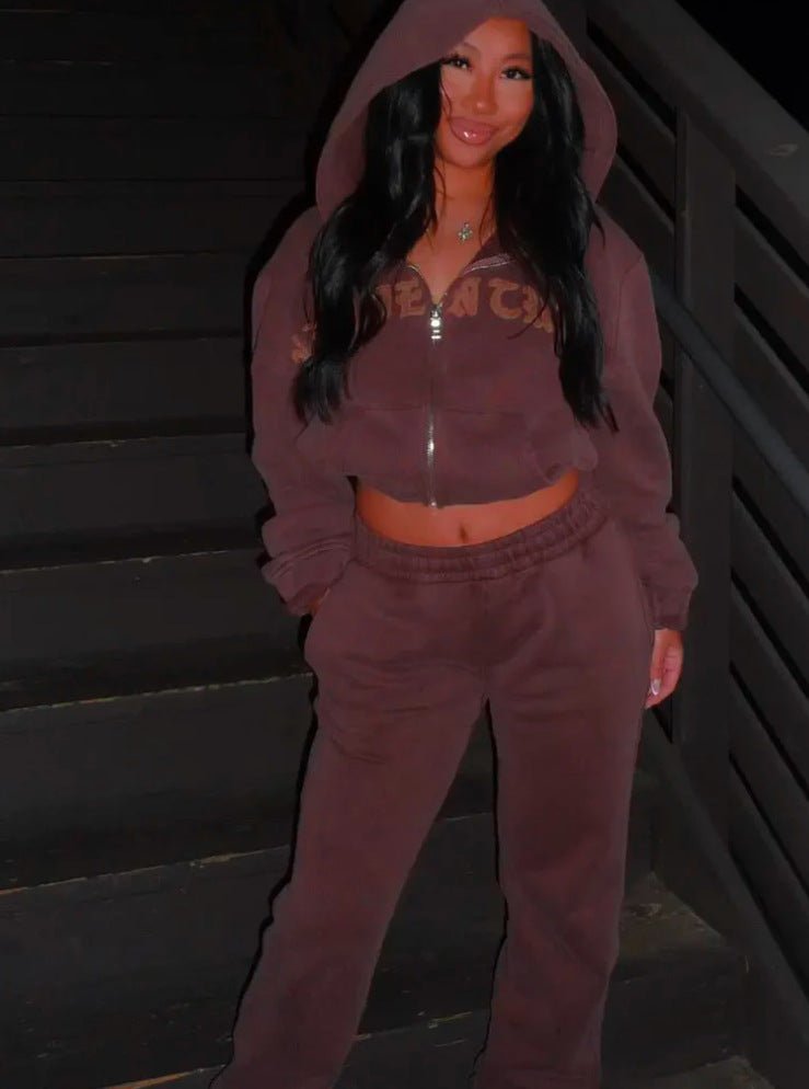 Ins Letter Sports Suit Zip-up Hooded Cropped Sweatshirt Top And Loose Drawstring Trousers Fashion Womens Clothing - pokemae3c06321c3c0bf665a27b88847e7ab2b