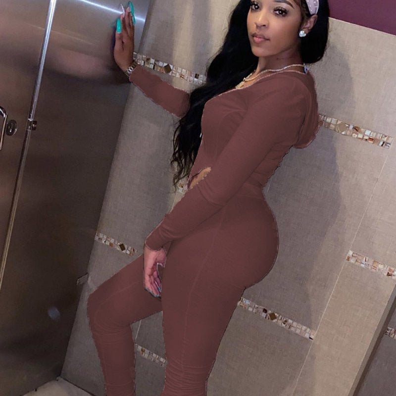 Joskaa à manches longues solide Cardigan à capuche haut Sexy col bas nombril pantalon serré pli mouvement costume femmes deux-pièces ensemble - pokema20cd15b92990d160be1bf8aee48c6e09