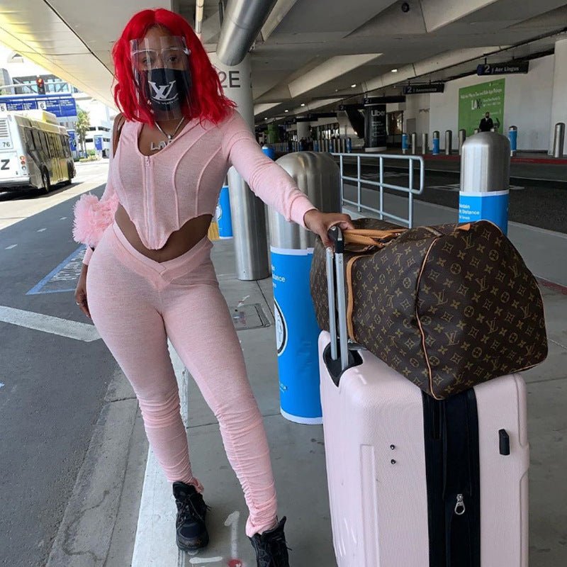 Joskaa à manches longues solide Cardigan à capuche haut Sexy col bas nombril pantalon serré pli mouvement costume femmes deux-pièces ensemble - pokema5ccb3d9db34e93d4ab6f1c6411d21746