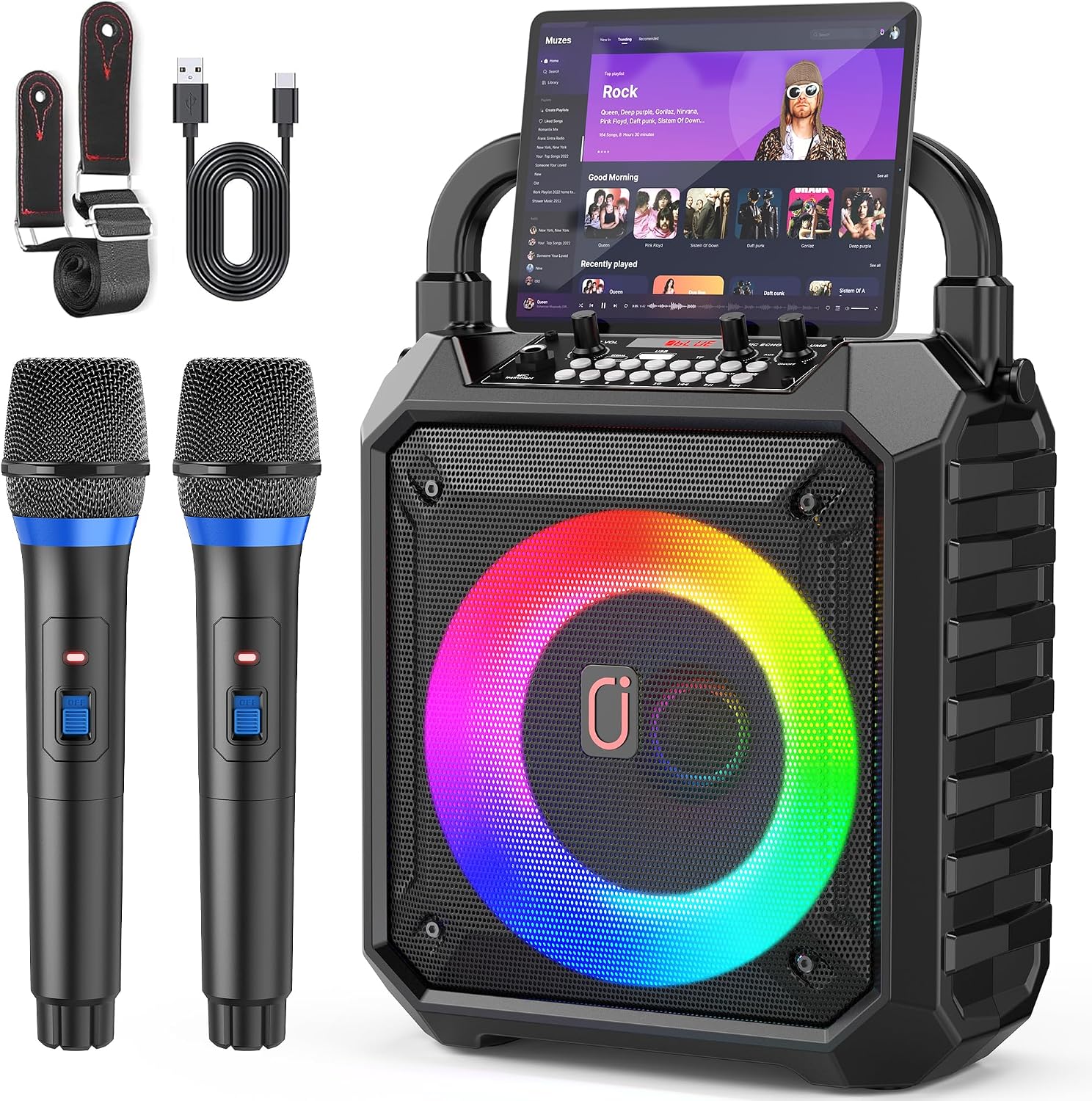 Karaoke Machine HWWR – Pro Karaoke Speaker with 2 Wireless Microphones, Portable Design, 5.3 Bluetooth, Adults & Kids Gifts, DJ Lights, Home Party & Outdoor Events, Supports FM/USB/AUX/REC/TF - pokemaKaraoke Machine HWWR – Pro Karaoke Speaker with 2 Wireless Microphones, Portable Design, 5.3 Bluetooth, Adults & Kids Gifts, DJ Lights, Home Party & Outdoor Events, Supports FM/USB/AUX/REC/TF