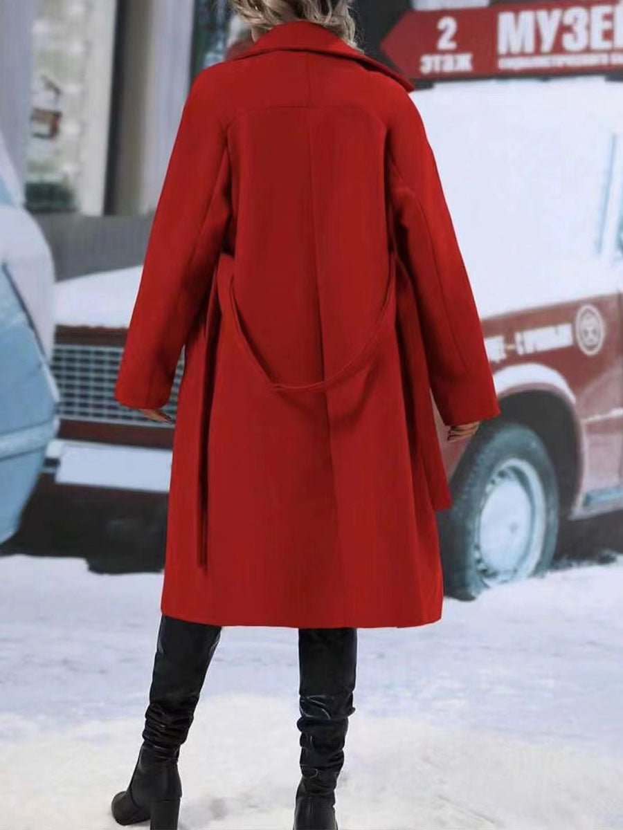 Lapel Double-breasted Trench Coat With Belt Winter Fashion Solid Color Long Jacket Outwear Women Clothing - pokema6b5ccbb566238a87516760ca48d13b47
