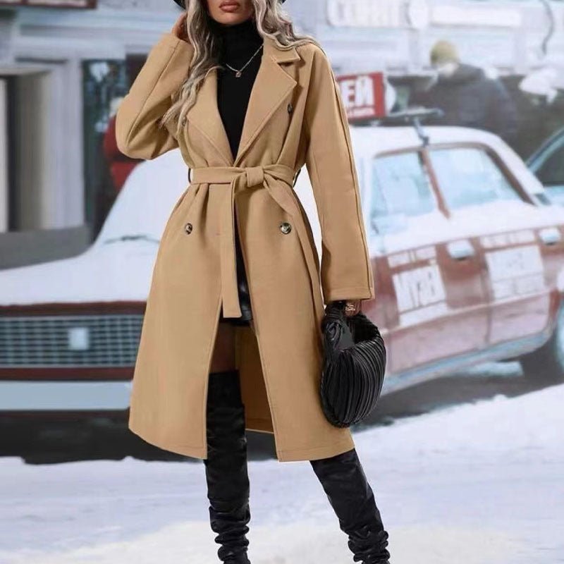 Lapel Double-breasted Trench Coat With Belt Winter Fashion Solid Color Long Jacket Outwear Women Clothing - pokema72db0a74e87bc00e62132998ec26e0d4