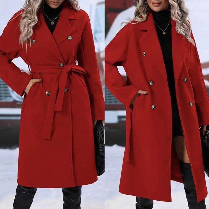 Lapel Double-breasted Trench Coat With Belt Winter Fashion Solid Color Long Jacket Outwear Women Clothing - pokema1b1aba7372fcc420becd291b74f0b625