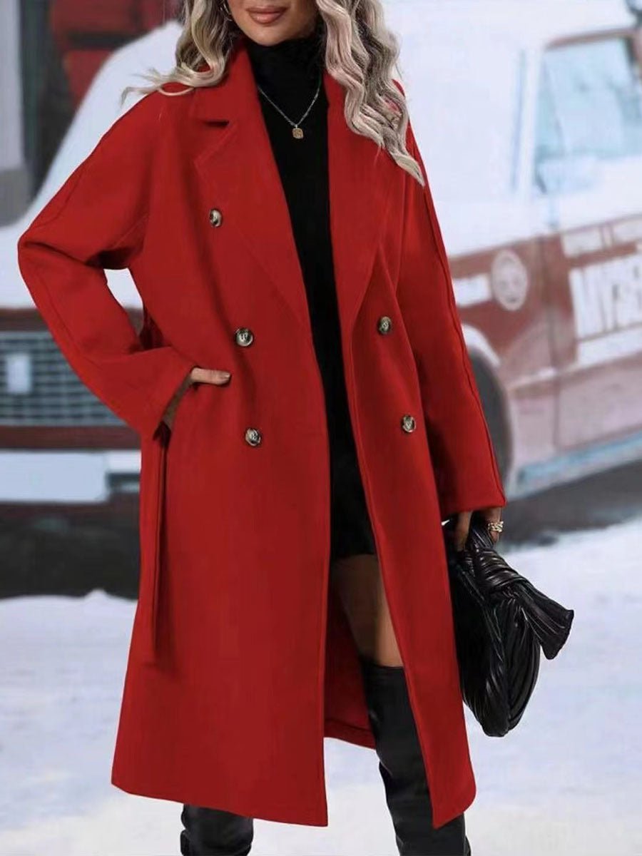 Lapel Double-breasted Trench Coat With Belt Winter Fashion Solid Color Long Jacket Outwear Women Clothing - pokema6656087197919bd88e69d7b47eb9968e