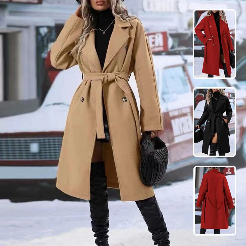 Lapel Double-breasted Trench Coat With Belt Winter Fashion Solid Color Long Jacket Outwear Women Clothing - pokema1503455fcb01ad5d8b65f66dc2918447