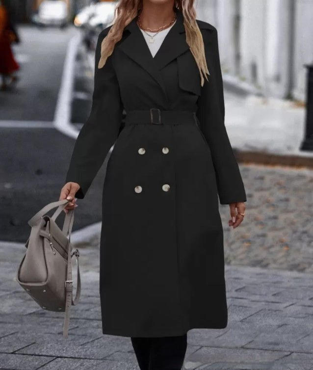 Lapel Double-breasted Trench Coat With Belt Winter Fashion Solid Color Long Jacket Outwear Women Clothing - pokemad5c5f2625d9c2bac4ab592b10f1aaa14