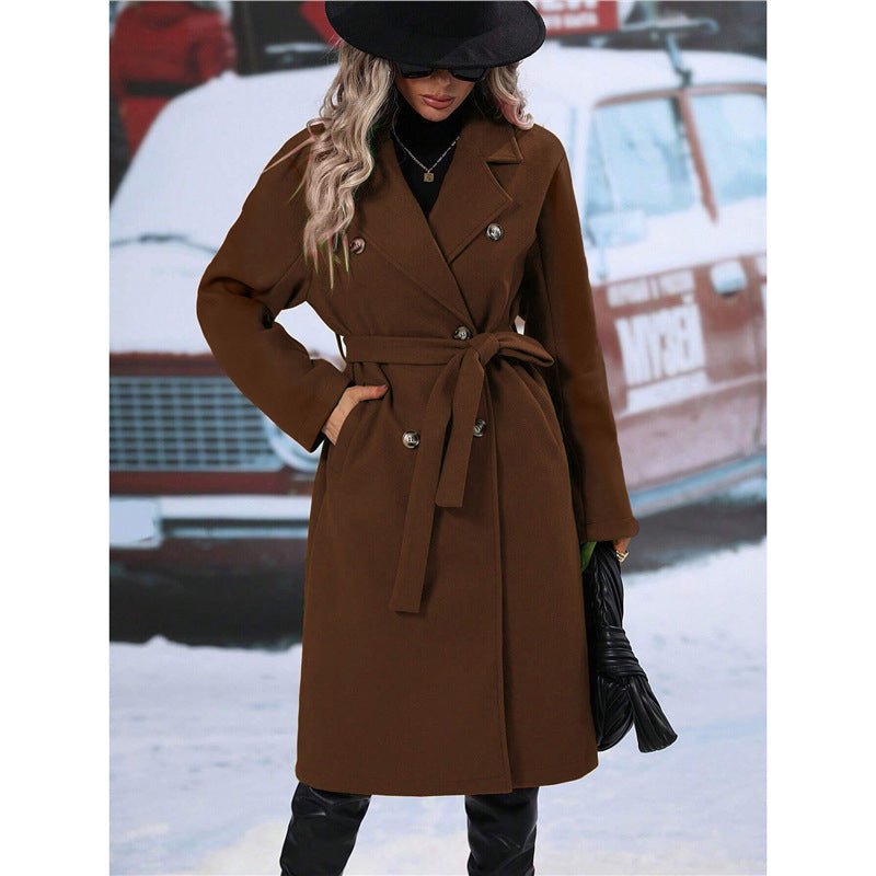 Lapel Double-breasted Trench Coat With Belt Winter Fashion Solid Color Long Jacket Outwear Women Clothing - pokemaeff82148e3253a56a360292c034b02b2