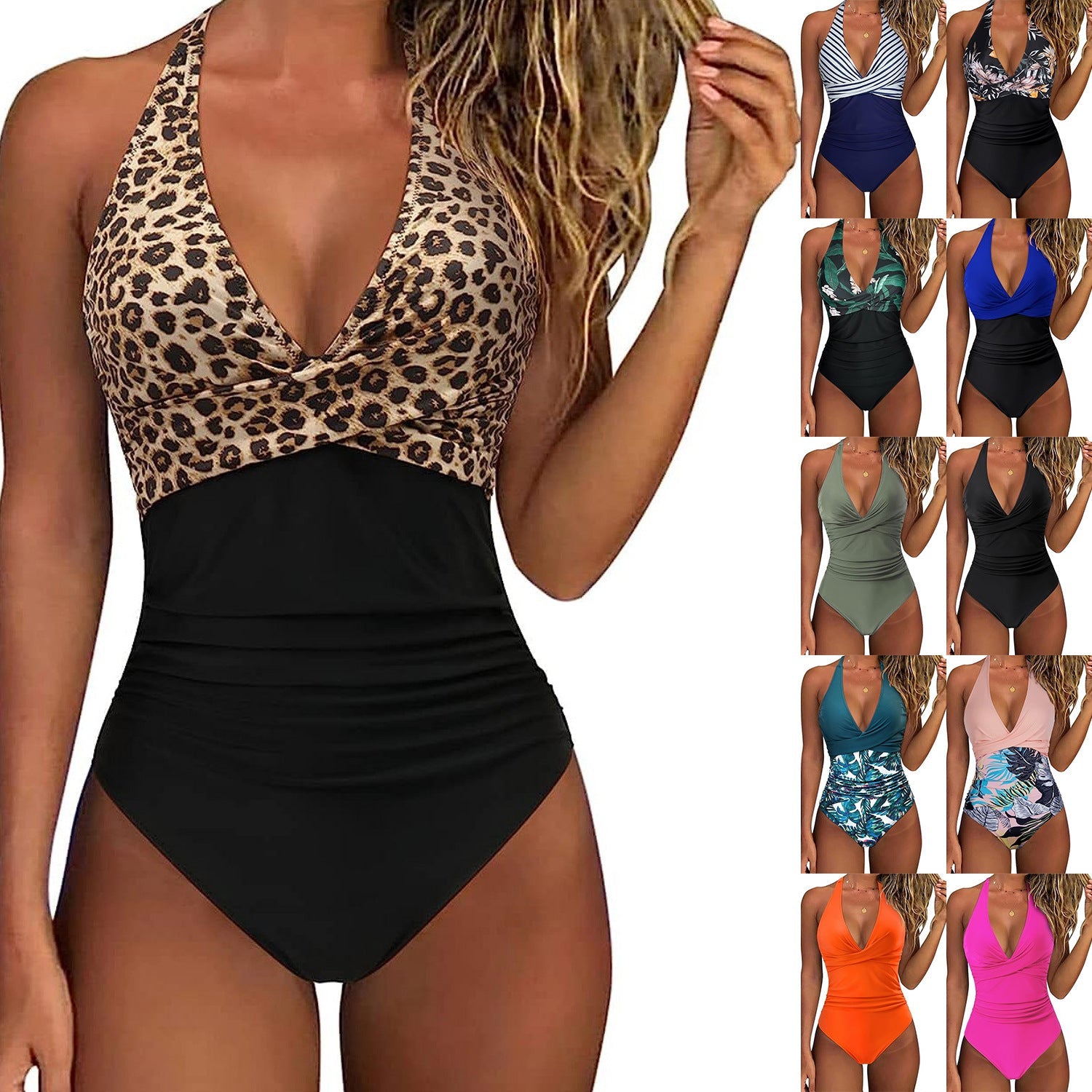 Leopard Print One-piece Swimsuit Sexy V-neck Bodysuit Summer Beach Swimwear Clothing - pokema608dbf607228d1dd79a31be25921d76f