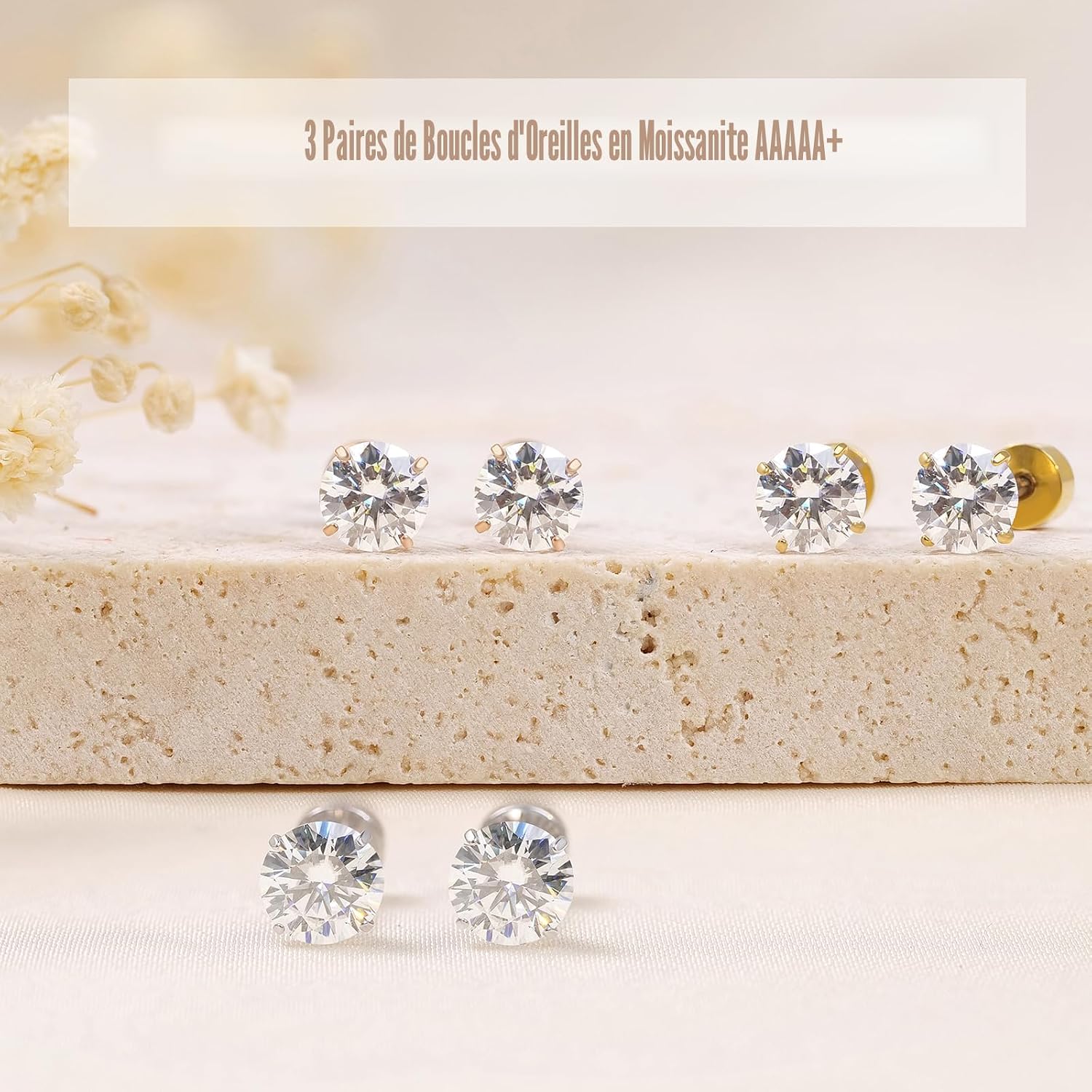 Limerencia Lot de 3 paires de boucles d'oreilles à tige en moissanite en titane, couleur D, clarté VVS1, boucles d'oreilles en moissanite créées en laboratoire, hypoallergéniques G23 pur titane pour - pokemaLimerencia Lot de 3 paires de boucles d'oreilles à tige en moissanite en titane, couleur D, clarté VVS1, boucles d'oreilles en moissanite créées en laboratoire, hypoallergéniques G23 pur titane pour