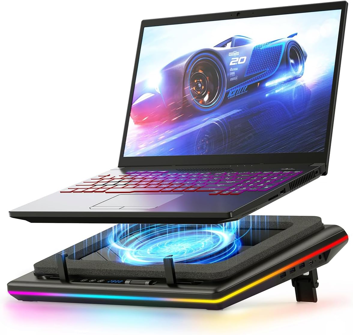 llano V12 RGB Laptop Cooling Pad with Powerful Turbofan Gaming Cooler Radiator with Infinitely Variable Speed, Touch Control, LCD Screen, 3-Port USB Hub, Seal Foam for Notebook Computer 15-19in - pokemallano V12 RGB Laptop Cooling Pad with Powerful Turbofan Gaming Cooler Radiator with Infinitely Variable Speed, Touch Control, LCD Screen, 3-Port USB Hub, Seal Foam for Notebook Computer 15-19in