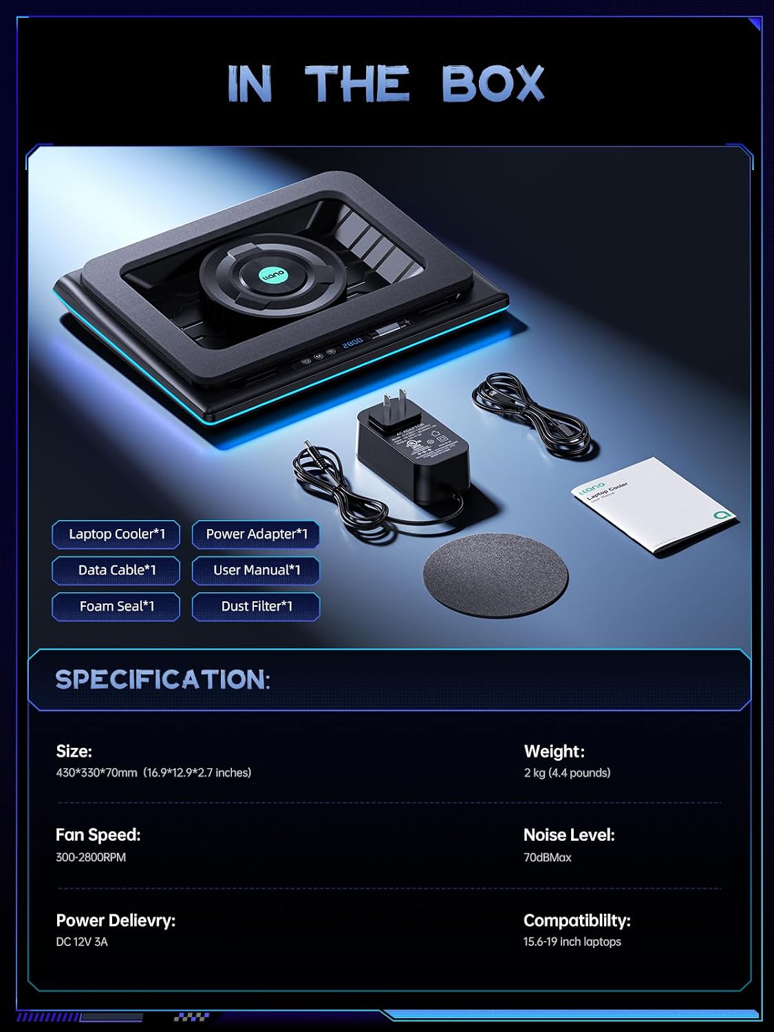 llano V12 RGB Laptop Cooling Pad with Powerful Turbofan Gaming Cooler Radiator with Infinitely Variable Speed, Touch Control, LCD Screen, 3-Port USB Hub, Seal Foam for Notebook Computer 15-19in - pokemallano V12 RGB Laptop Cooling Pad with Powerful Turbofan Gaming Cooler Radiator with Infinitely Variable Speed, Touch Control, LCD Screen, 3-Port USB Hub, Seal Foam for Notebook Computer 15-19in