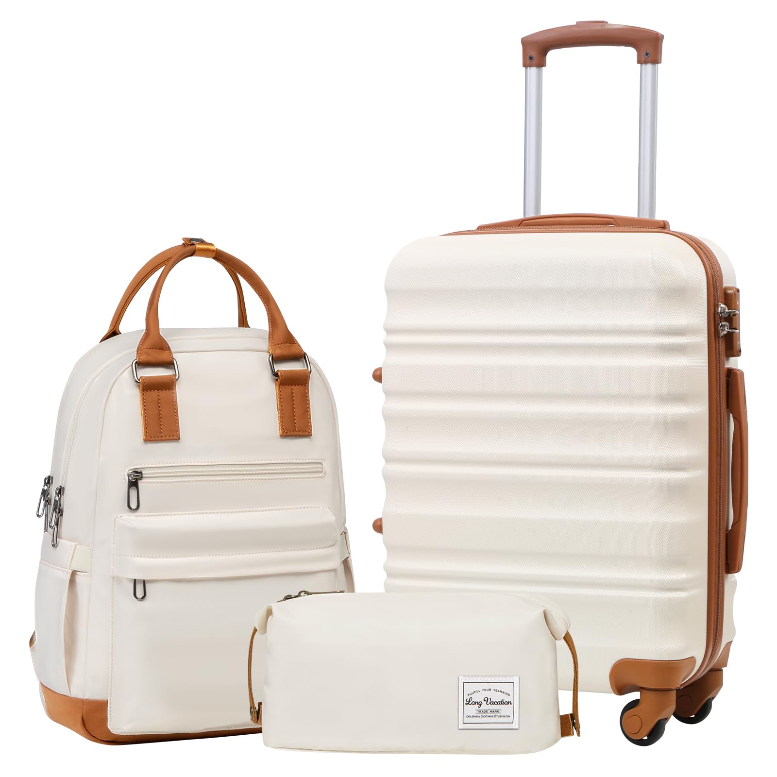 LONG VACATION Luggage Sets 4 Piece Luggage with ABS+PC Hardshell, Spinner Wheels & YKK Zipper TSA Lock for Travel Esssentials (White-Brown, 6 piece Set) - pokemaLONG VACATION Luggage Sets 4 Piece Luggage with ABS+PC Hardshell, Spinner Wheels & YKK Zipper TSA Lock for Travel Esssentials (White-Brown, 6 piece Set)