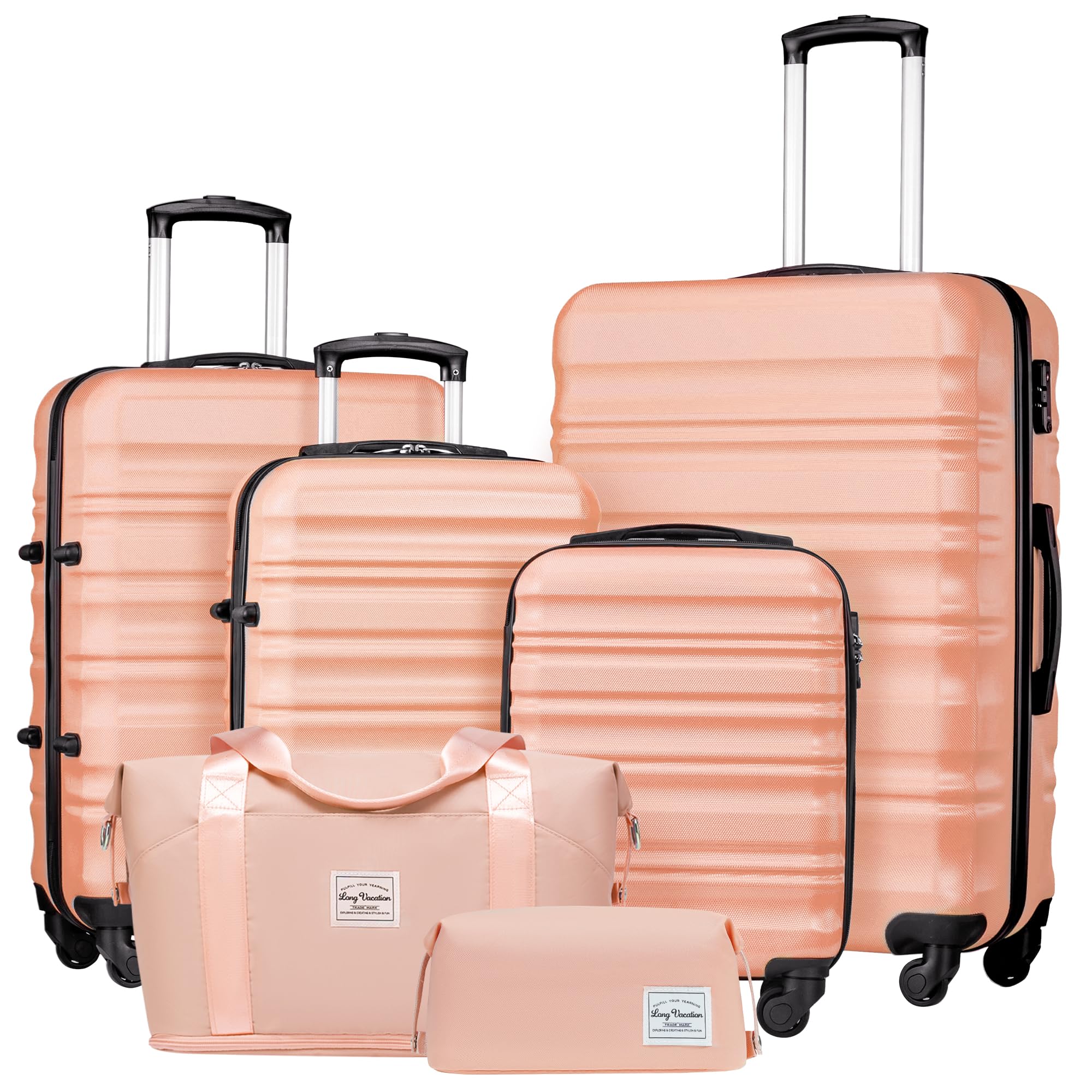 LONG VACATION Luggage Sets 4 Piece Luggage with ABS+PC Hardshell, Spinner Wheels & YKK Zipper TSA Lock for Travel Esssentials (White-Brown, 6 piece Set) - pokemaLONG VACATION Luggage Sets 4 Piece Luggage with ABS+PC Hardshell, Spinner Wheels & YKK Zipper TSA Lock for Travel Esssentials (White-Brown, 6 piece Set)