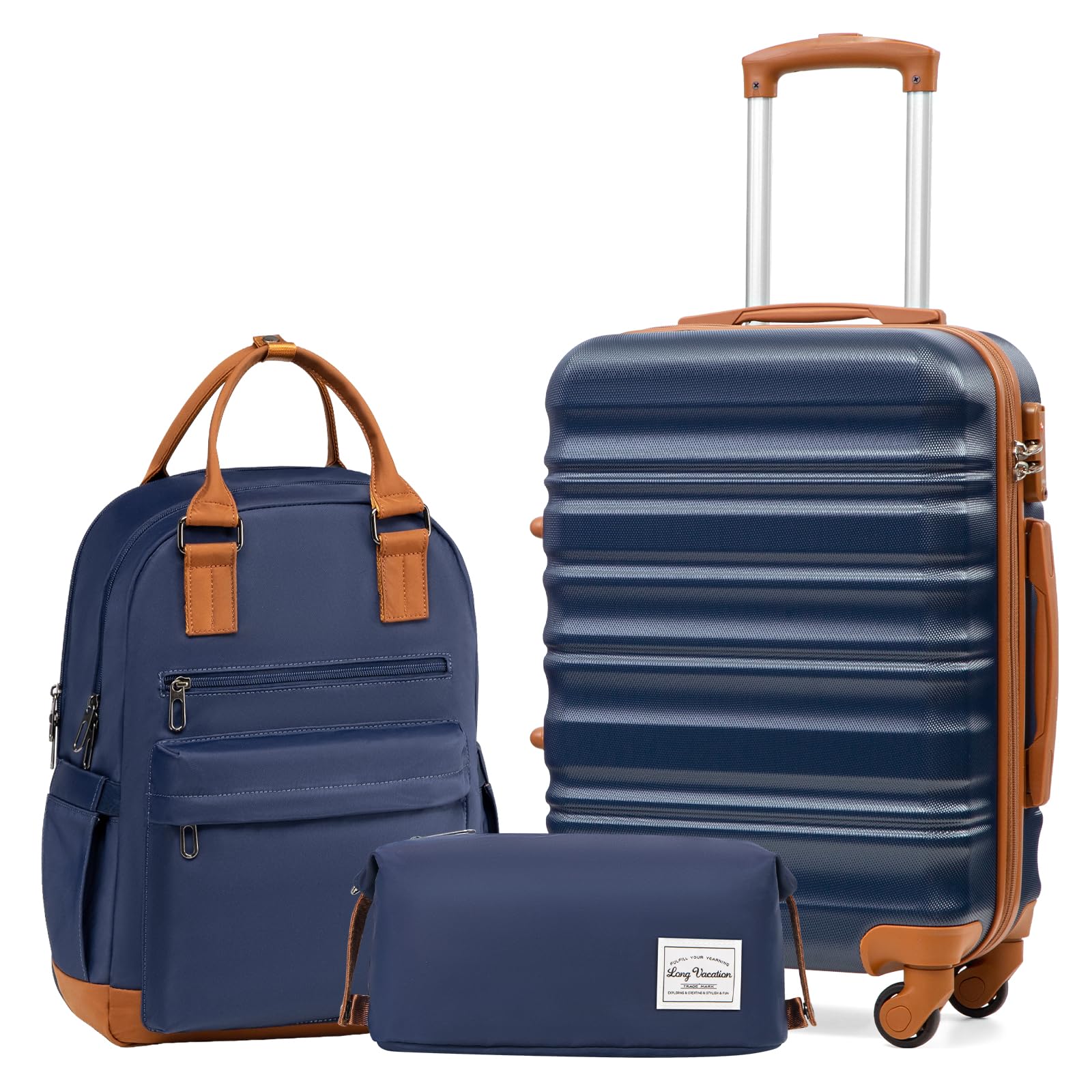 LONG VACATION Luggage Sets 4 Piece Luggage with ABS+PC Hardshell, Spinner Wheels & YKK Zipper TSA Lock for Travel Esssentials (White-Brown, 6 piece Set) - pokemaLONG VACATION Luggage Sets 4 Piece Luggage with ABS+PC Hardshell, Spinner Wheels & YKK Zipper TSA Lock for Travel Esssentials (White-Brown, 6 piece Set)