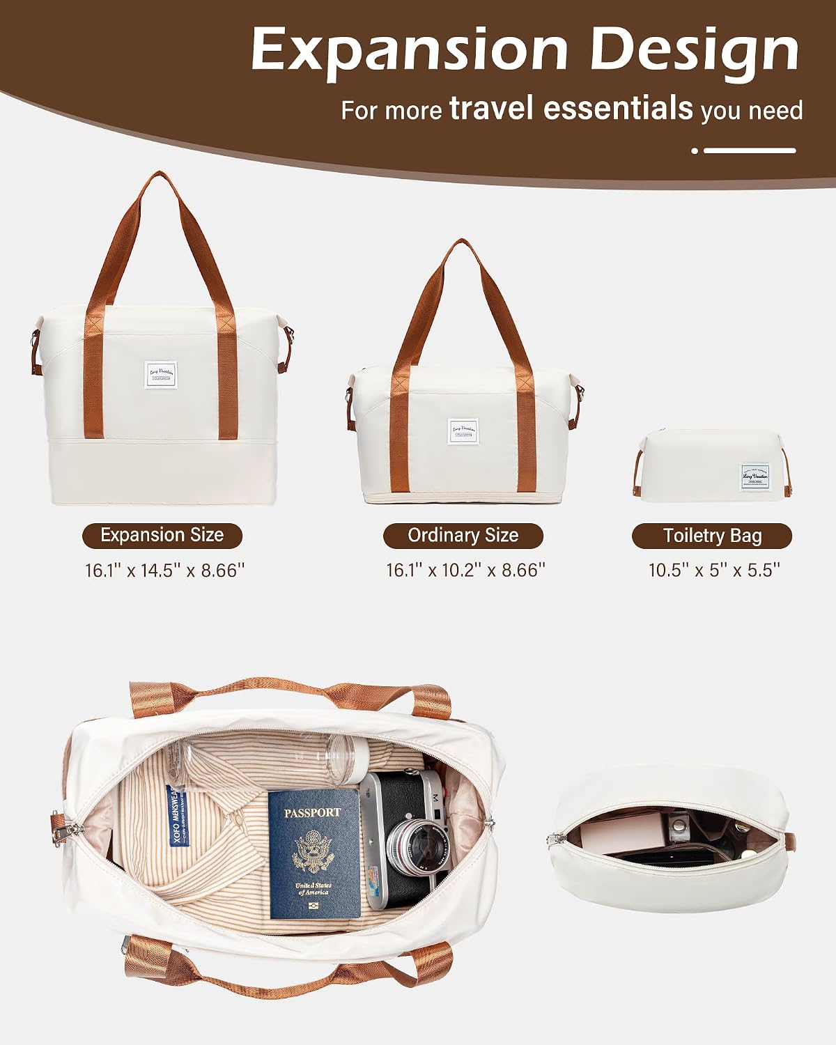 LONG VACATION Luggage Sets 4 Piece Luggage with ABS+PC Hardshell, Spinner Wheels & YKK Zipper TSA Lock for Travel Esssentials (White-Brown, 6 piece Set) - pokemaLONG VACATION Luggage Sets 4 Piece Luggage with ABS+PC Hardshell, Spinner Wheels & YKK Zipper TSA Lock for Travel Esssentials (White-Brown, 6 piece Set)