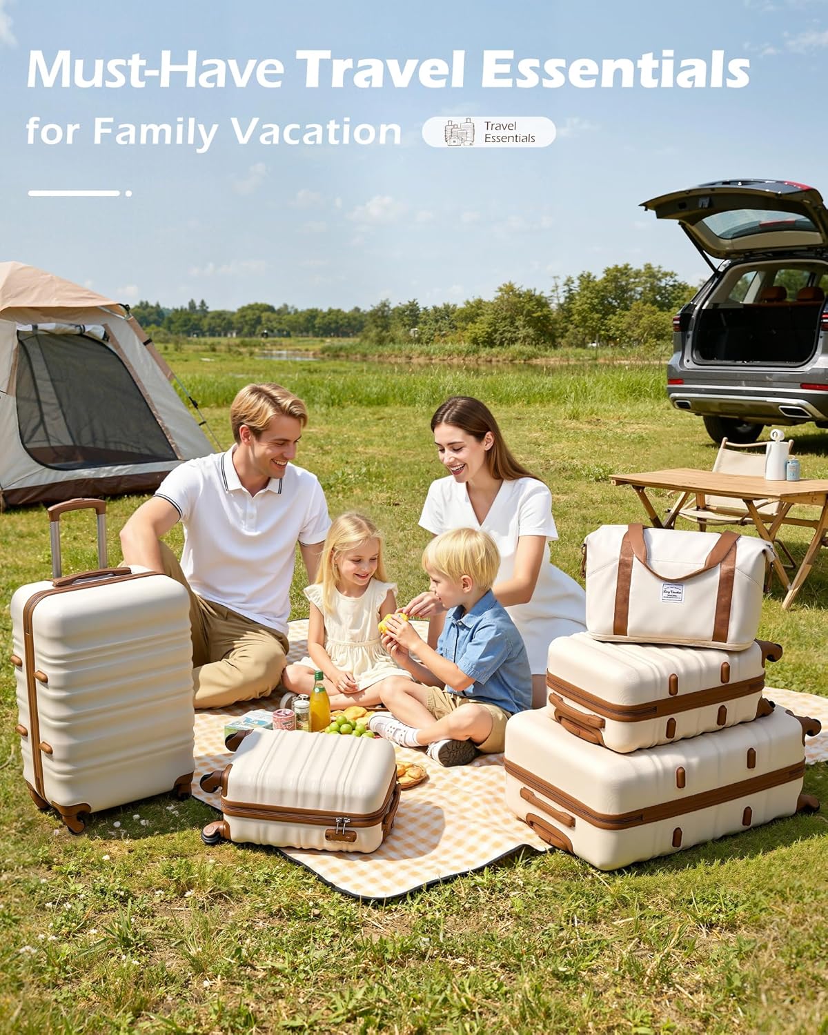 LONG VACATION Luggage Sets 4 Piece Luggage with ABS+PC Hardshell, Spinner Wheels & YKK Zipper TSA Lock for Travel Esssentials (White-Brown, 6 piece Set) - pokemaLONG VACATION Luggage Sets 4 Piece Luggage with ABS+PC Hardshell, Spinner Wheels & YKK Zipper TSA Lock for Travel Esssentials (White-Brown, 6 piece Set)