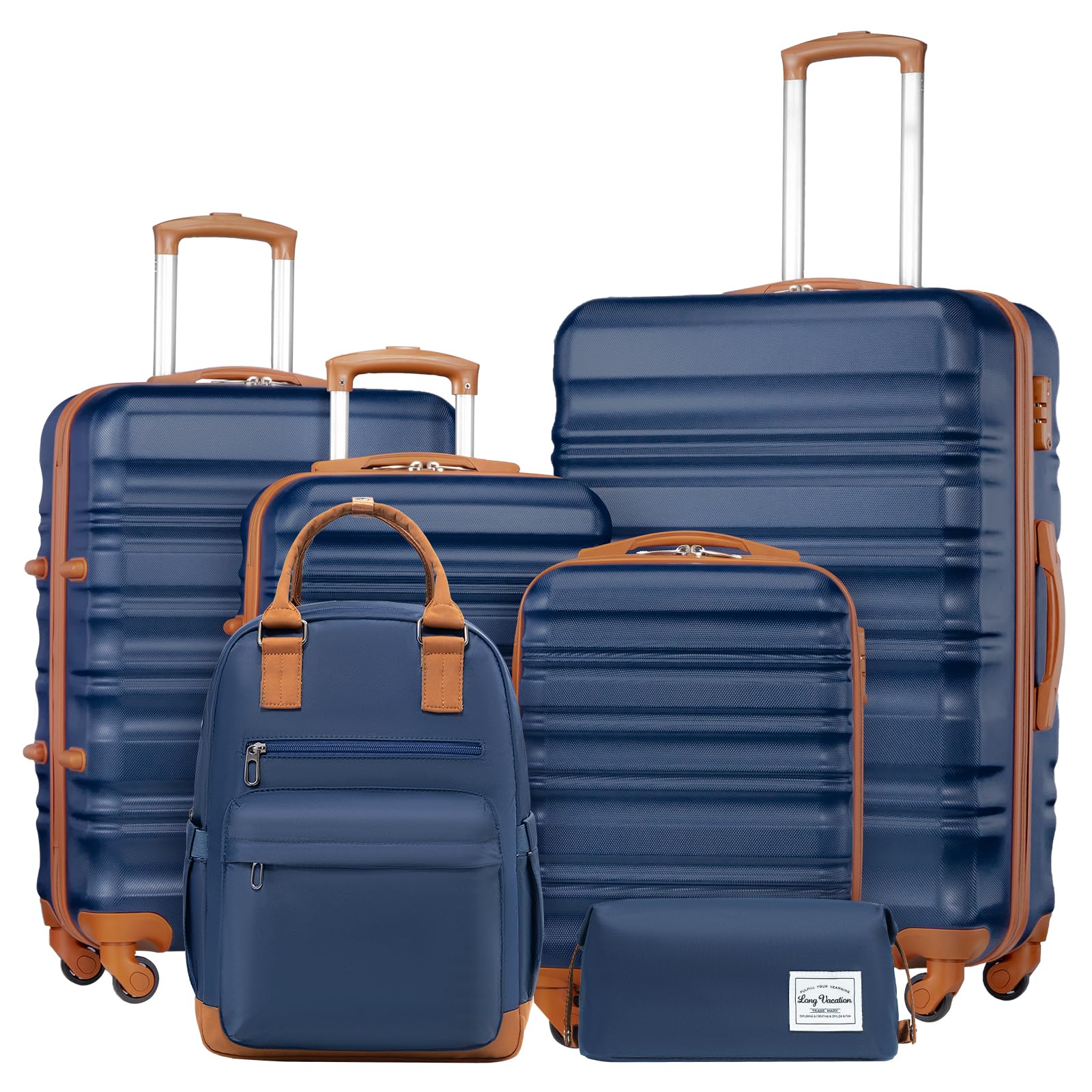 LONG VACATION Luggage Sets 4 Piece Luggage with ABS+PC Hardshell, Spinner Wheels & YKK Zipper TSA Lock for Travel Esssentials (White-Brown, 6 piece Set) - pokemaLONG VACATION Luggage Sets 4 Piece Luggage with ABS+PC Hardshell, Spinner Wheels & YKK Zipper TSA Lock for Travel Esssentials (White-Brown, 6 piece Set)