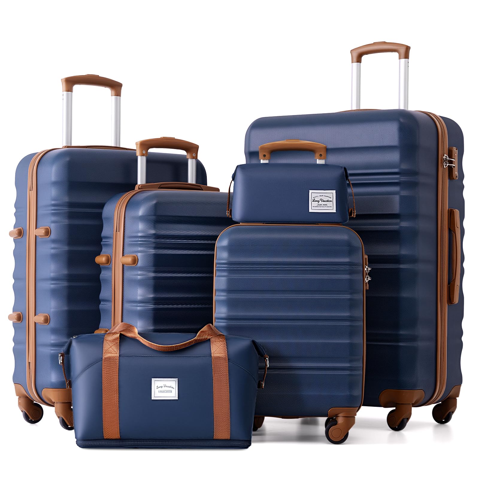 LONG VACATION Luggage Sets 4 Piece Luggage with ABS+PC Hardshell, Spinner Wheels & YKK Zipper TSA Lock for Travel Esssentials (White-Brown, 6 piece Set) - pokemaLONG VACATION Luggage Sets 4 Piece Luggage with ABS+PC Hardshell, Spinner Wheels & YKK Zipper TSA Lock for Travel Esssentials (White-Brown, 6 piece Set)