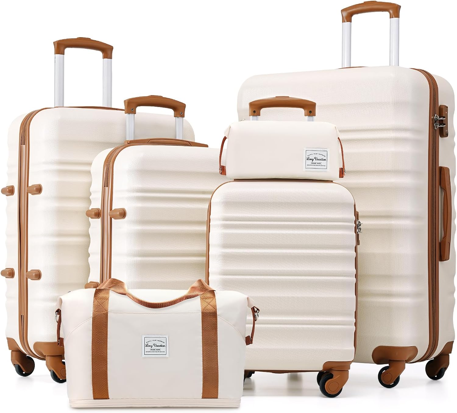 LONG VACATION Luggage Sets 4 Piece Luggage with ABS+PC Hardshell, Spinner Wheels & YKK Zipper TSA Lock for Travel Esssentials (White-Brown, 6 piece Set) - pokemaLONG VACATION Luggage Sets 4 Piece Luggage with ABS+PC Hardshell, Spinner Wheels & YKK Zipper TSA Lock for Travel Esssentials (White-Brown, 6 piece Set)