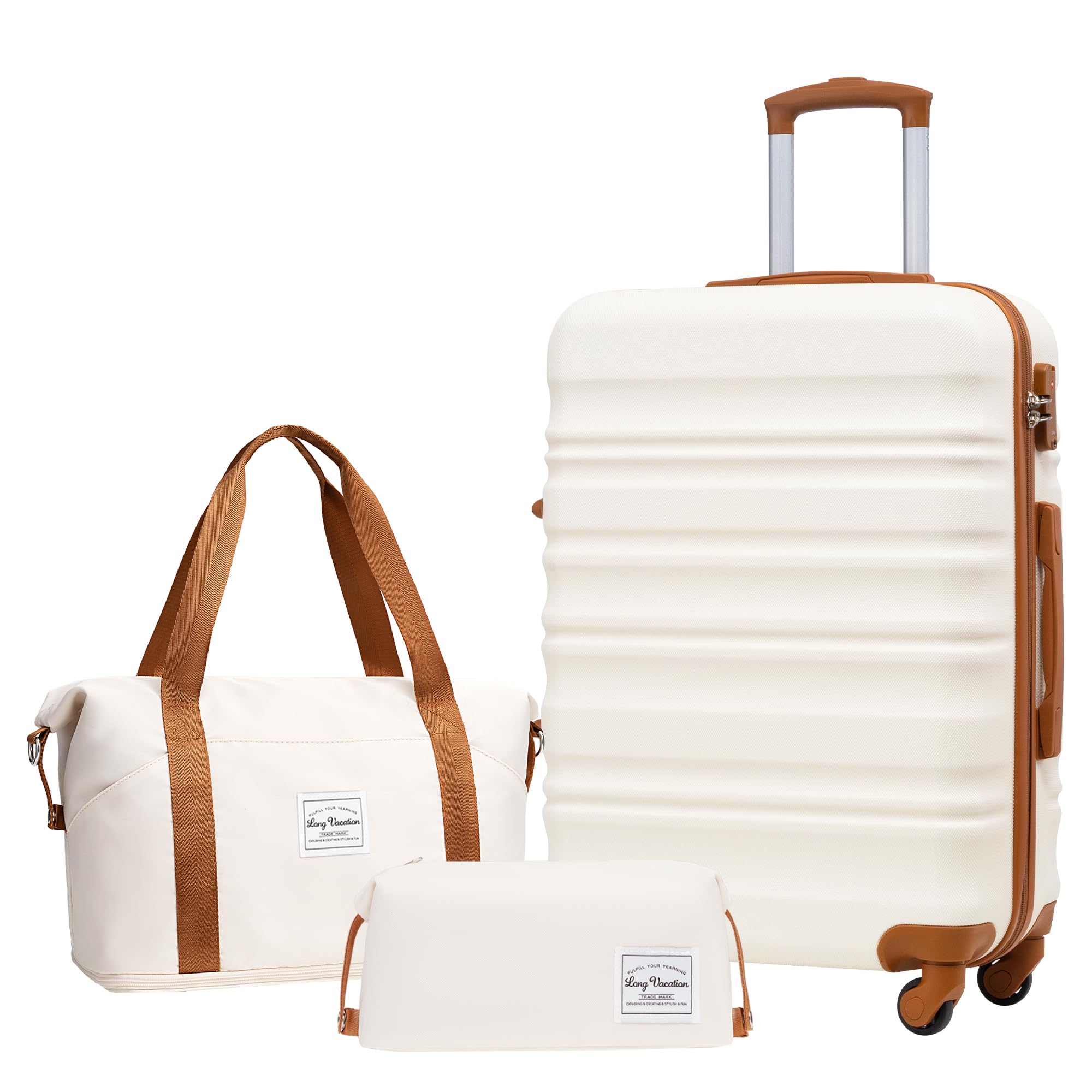 LONG VACATION Luggage Sets 4 Piece Luggage with ABS+PC Hardshell, Spinner Wheels & YKK Zipper TSA Lock for Travel Esssentials (White-Brown, 6 piece Set) - pokemaLONG VACATION Luggage Sets 4 Piece Luggage with ABS+PC Hardshell, Spinner Wheels & YKK Zipper TSA Lock for Travel Esssentials (White-Brown, 6 piece Set)