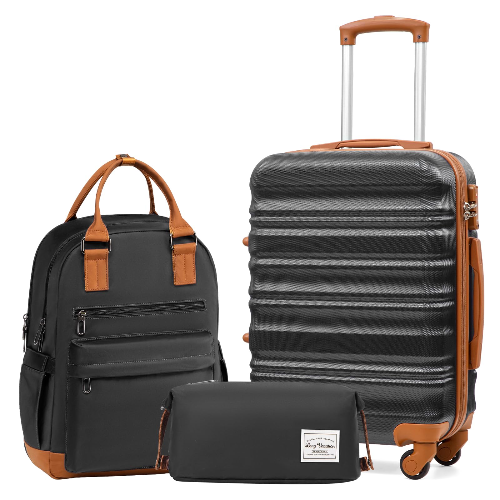 LONG VACATION Luggage Sets 4 Piece Luggage with ABS+PC Hardshell, Spinner Wheels & YKK Zipper TSA Lock for Travel Esssentials (White-Brown, 6 piece Set) - pokemaLONG VACATION Luggage Sets 4 Piece Luggage with ABS+PC Hardshell, Spinner Wheels & YKK Zipper TSA Lock for Travel Esssentials (White-Brown, 6 piece Set)
