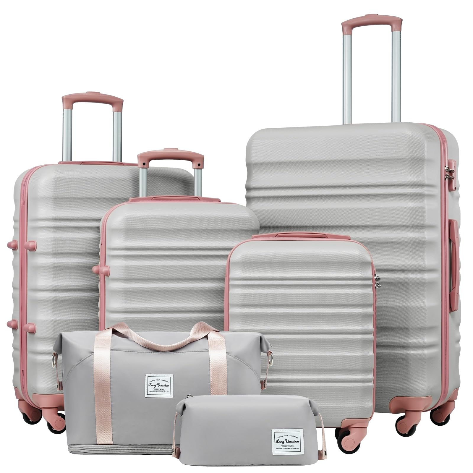 LONG VACATION Luggage Sets 4 Piece Luggage with ABS+PC Hardshell, Spinner Wheels & YKK Zipper TSA Lock for Travel Esssentials (White-Brown, 6 piece Set) - pokemaLONG VACATION Luggage Sets 4 Piece Luggage with ABS+PC Hardshell, Spinner Wheels & YKK Zipper TSA Lock for Travel Esssentials (White-Brown, 6 piece Set)