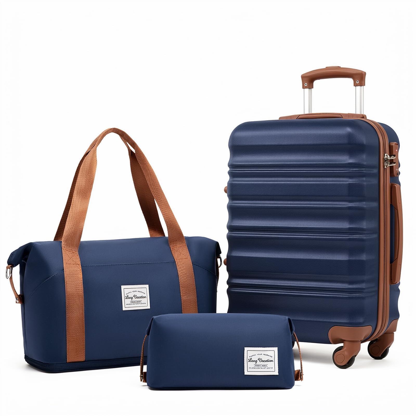 LONG VACATION Luggage Sets 4 Piece Luggage with ABS+PC Hardshell, Spinner Wheels & YKK Zipper TSA Lock for Travel Esssentials (White-Brown, 6 piece Set) - pokemaLONG VACATION Luggage Sets 4 Piece Luggage with ABS+PC Hardshell, Spinner Wheels & YKK Zipper TSA Lock for Travel Esssentials (White-Brown, 6 piece Set)
