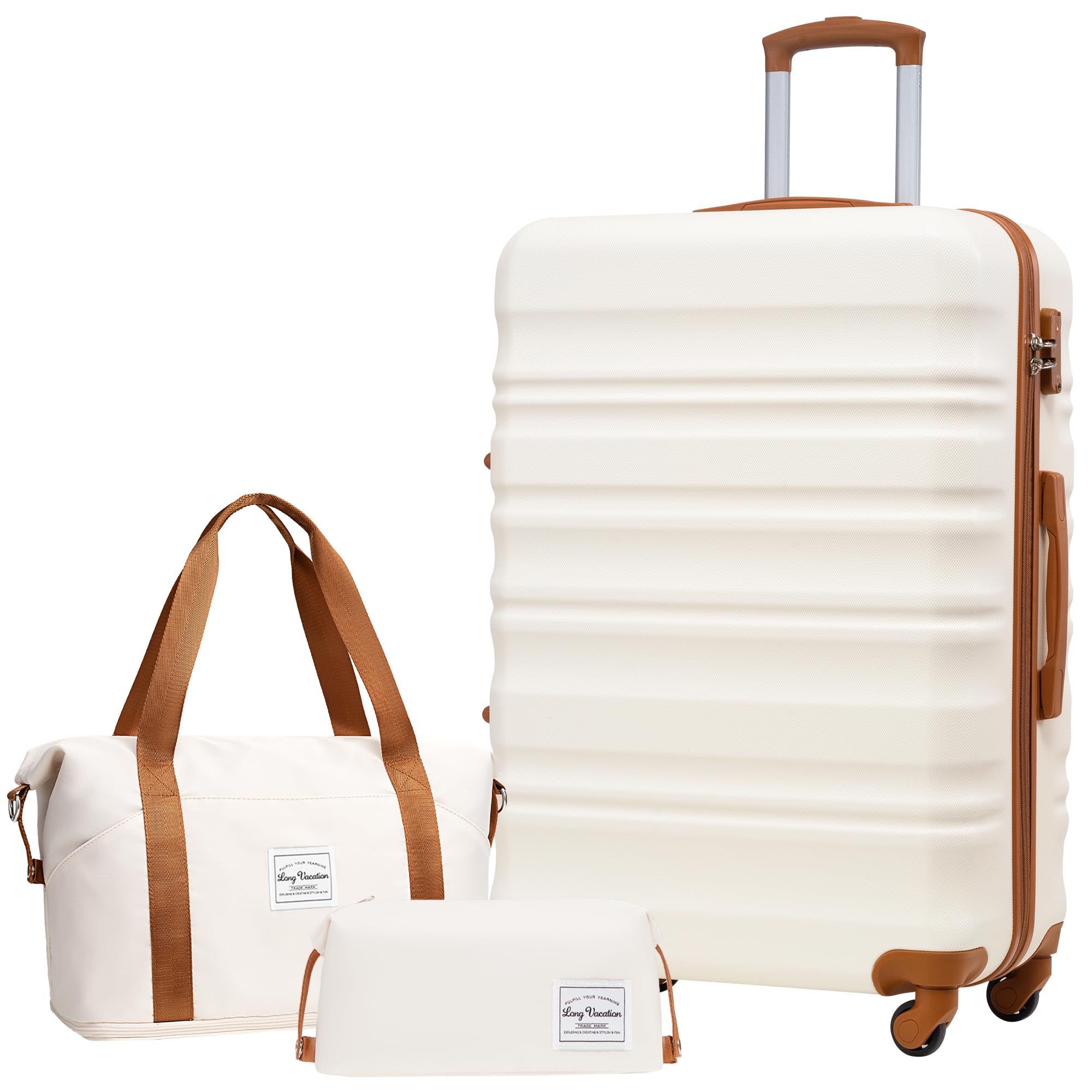 LONG VACATION Luggage Sets 4 Piece Luggage with ABS+PC Hardshell, Spinner Wheels & YKK Zipper TSA Lock for Travel Esssentials (White-Brown, 6 piece Set) - pokemaLONG VACATION Luggage Sets 4 Piece Luggage with ABS+PC Hardshell, Spinner Wheels & YKK Zipper TSA Lock for Travel Esssentials (White-Brown, 6 piece Set)