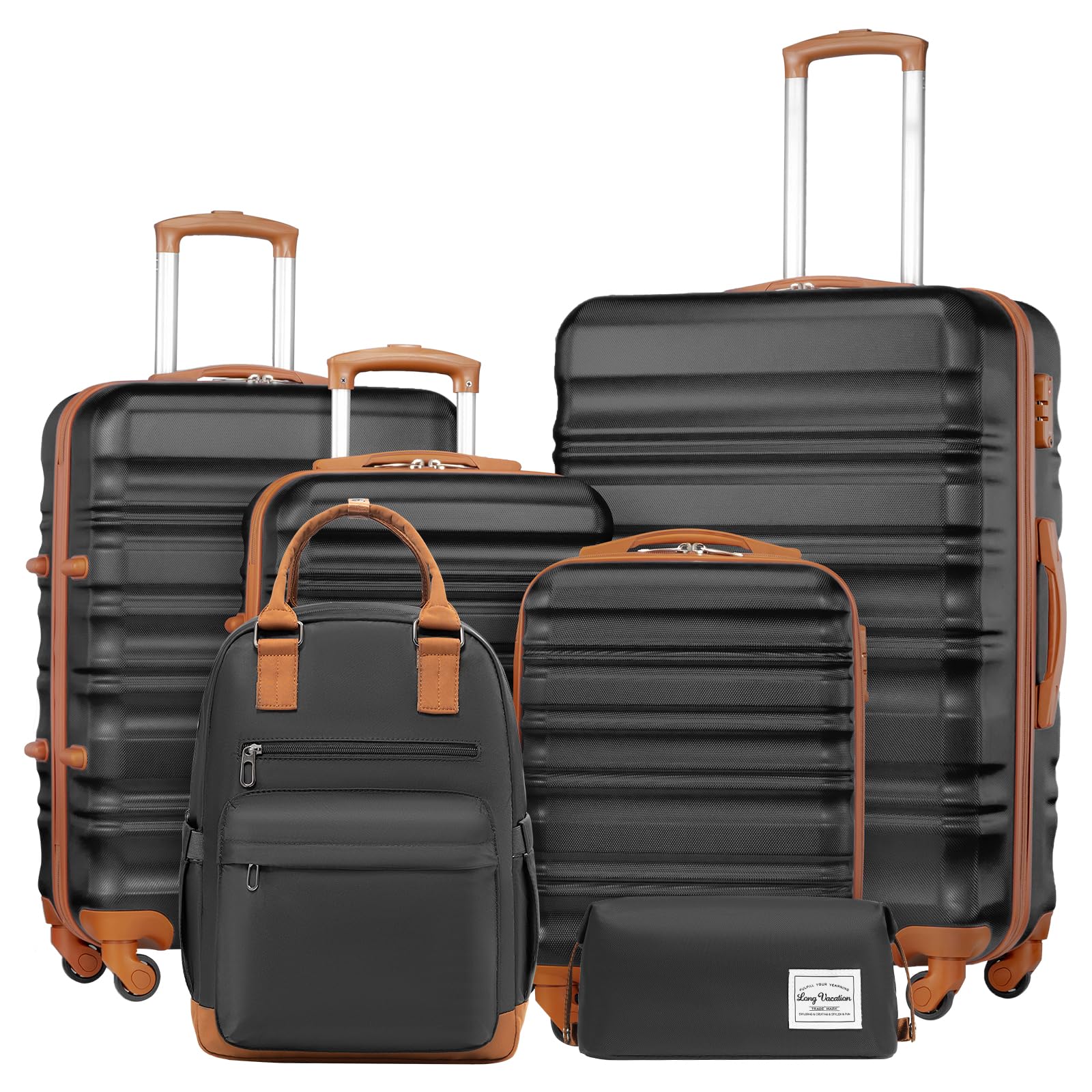 LONG VACATION Luggage Sets 4 Piece Luggage with ABS+PC Hardshell, Spinner Wheels & YKK Zipper TSA Lock for Travel Esssentials (White-Brown, 6 piece Set) - pokemaLONG VACATION Luggage Sets 4 Piece Luggage with ABS+PC Hardshell, Spinner Wheels & YKK Zipper TSA Lock for Travel Esssentials (White-Brown, 6 piece Set)
