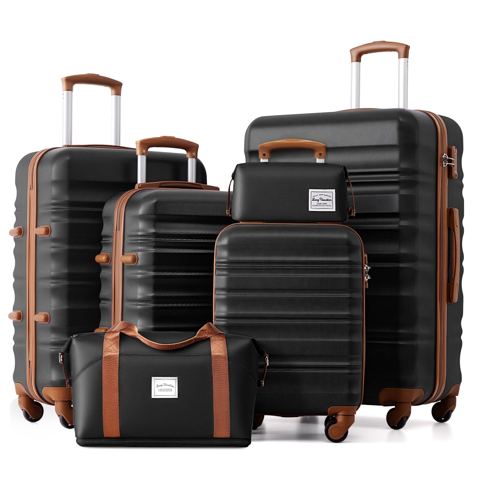LONG VACATION Luggage Sets 4 Piece Luggage with ABS+PC Hardshell, Spinner Wheels & YKK Zipper TSA Lock for Travel Esssentials (White-Brown, 6 piece Set) - pokemaLONG VACATION Luggage Sets 4 Piece Luggage with ABS+PC Hardshell, Spinner Wheels & YKK Zipper TSA Lock for Travel Esssentials (White-Brown, 6 piece Set)