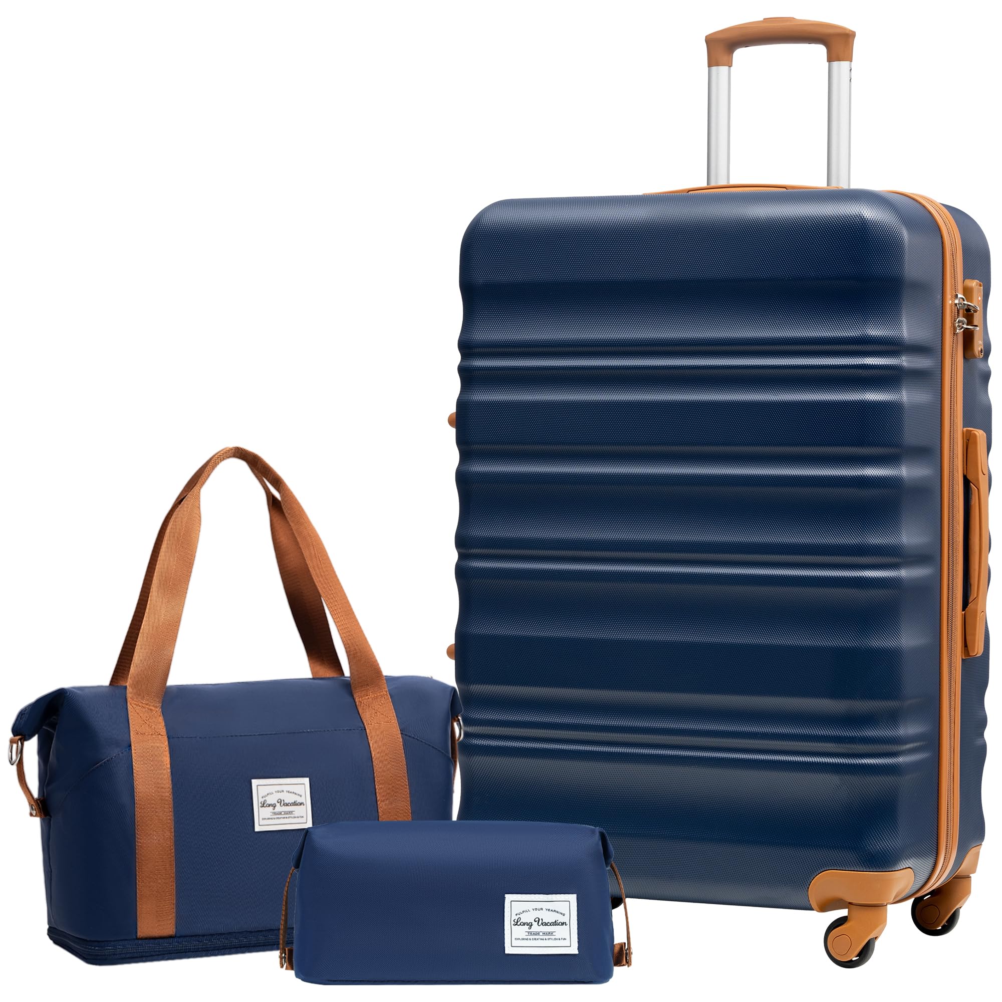 LONG VACATION Luggage Sets 4 Piece Luggage with ABS+PC Hardshell, Spinner Wheels & YKK Zipper TSA Lock for Travel Esssentials (White-Brown, 6 piece Set) - pokemaLONG VACATION Luggage Sets 4 Piece Luggage with ABS+PC Hardshell, Spinner Wheels & YKK Zipper TSA Lock for Travel Esssentials (White-Brown, 6 piece Set)