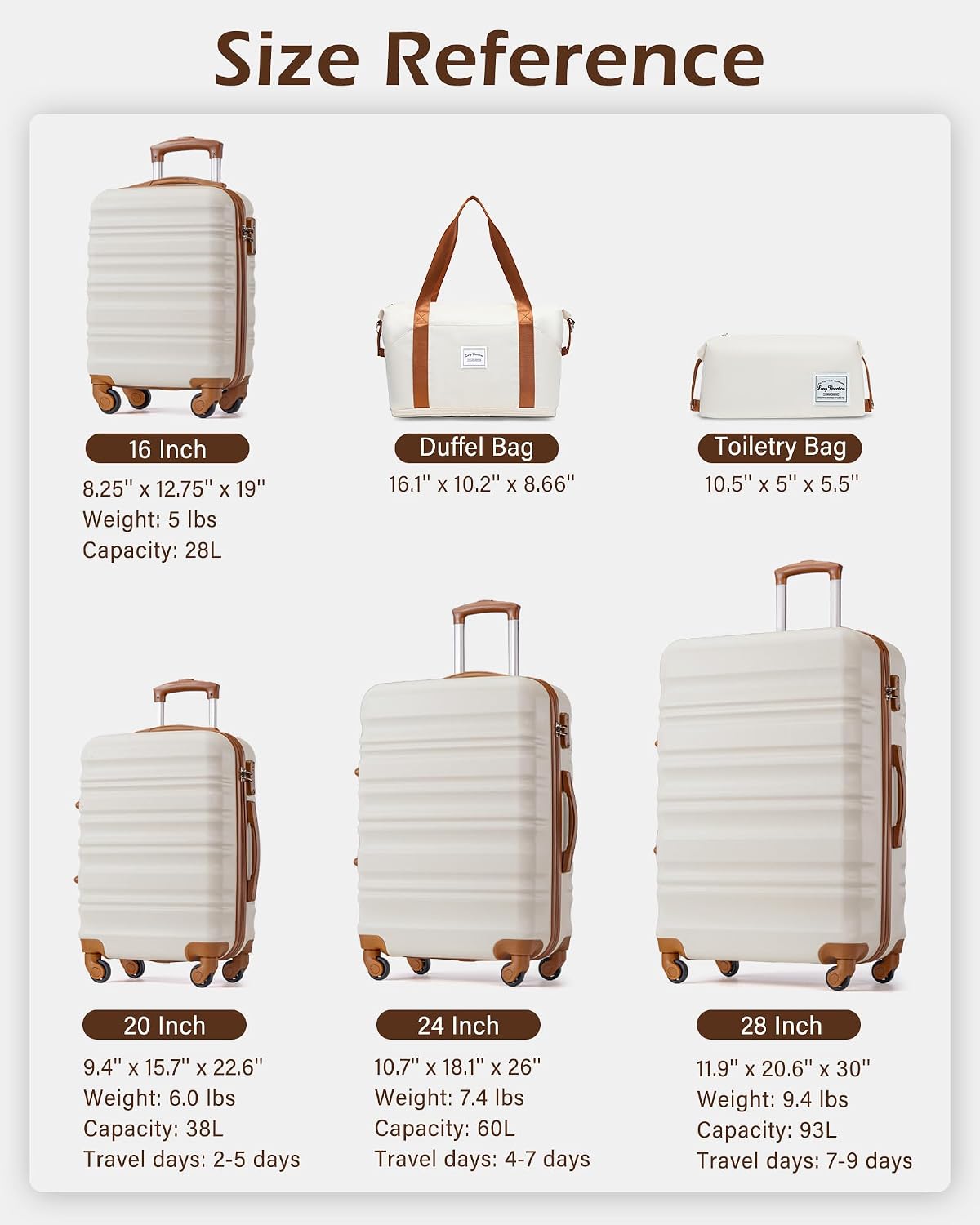 LONG VACATION Luggage Sets 4 Piece Luggage with ABS+PC Hardshell, Spinner Wheels & YKK Zipper TSA Lock for Travel Esssentials (White-Brown, 6 piece Set) - pokemaLONG VACATION Luggage Sets 4 Piece Luggage with ABS+PC Hardshell, Spinner Wheels & YKK Zipper TSA Lock for Travel Esssentials (White-Brown, 6 piece Set)
