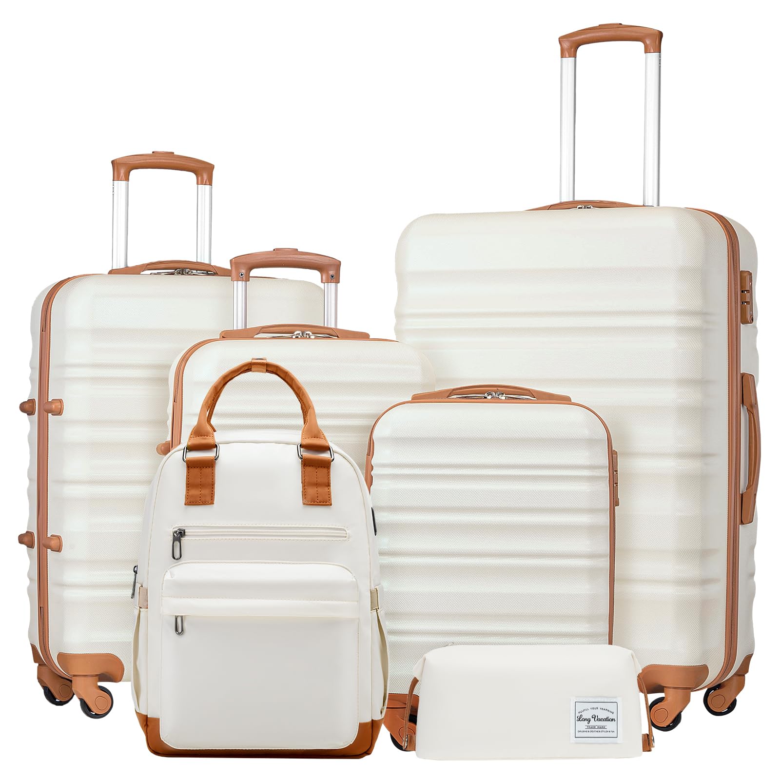 LONG VACATION Luggage Sets 4 Piece Luggage with ABS+PC Hardshell, Spinner Wheels & YKK Zipper TSA Lock for Travel Esssentials (White-Brown, 6 piece Set) - pokemaLONG VACATION Luggage Sets 4 Piece Luggage with ABS+PC Hardshell, Spinner Wheels & YKK Zipper TSA Lock for Travel Esssentials (White-Brown, 6 piece Set)
