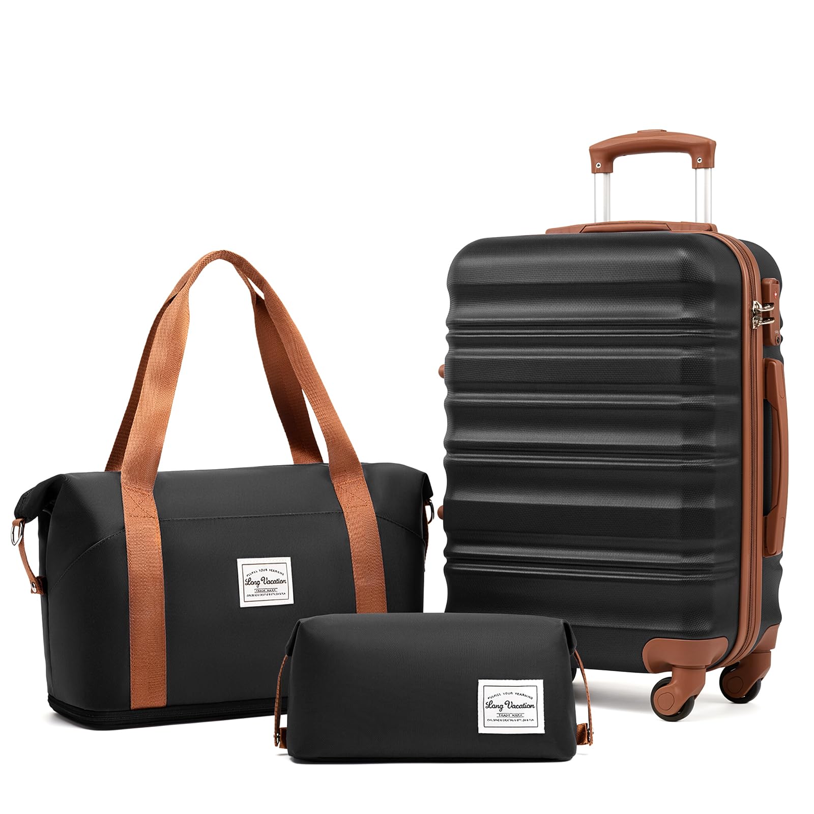 LONG VACATION Luggage Sets 4 Piece Luggage with ABS+PC Hardshell, Spinner Wheels & YKK Zipper TSA Lock for Travel Esssentials (White-Brown, 6 piece Set) - pokemaLONG VACATION Luggage Sets 4 Piece Luggage with ABS+PC Hardshell, Spinner Wheels & YKK Zipper TSA Lock for Travel Esssentials (White-Brown, 6 piece Set)