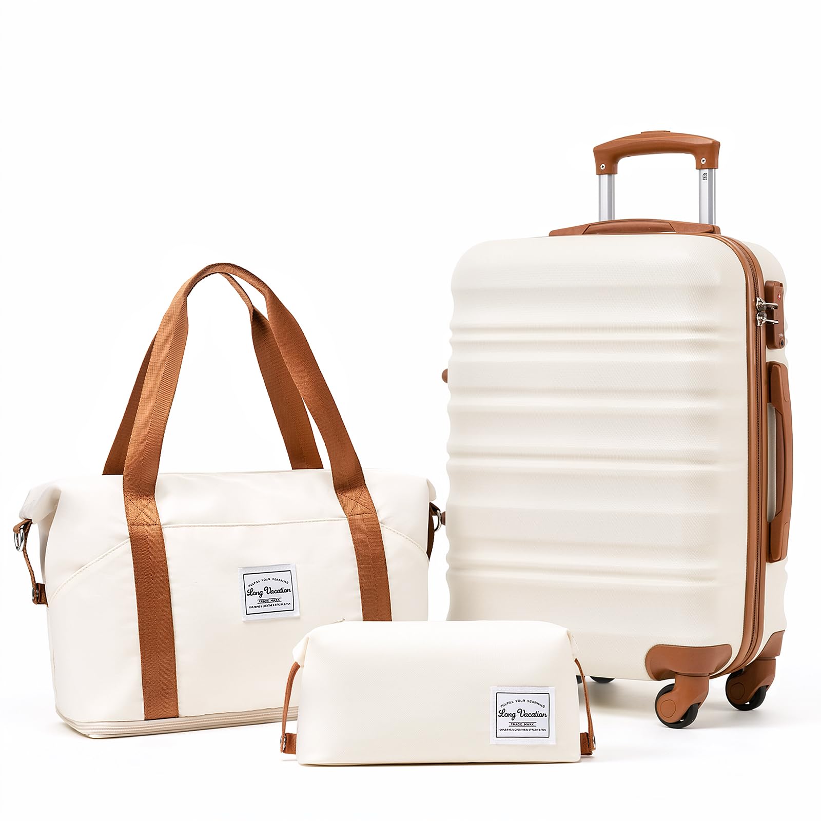 LONG VACATION Luggage Sets 4 Piece Luggage with ABS+PC Hardshell, Spinner Wheels & YKK Zipper TSA Lock for Travel Esssentials (White-Brown, 6 piece Set) - pokemaLONG VACATION Luggage Sets 4 Piece Luggage with ABS+PC Hardshell, Spinner Wheels & YKK Zipper TSA Lock for Travel Esssentials (White-Brown, 6 piece Set)