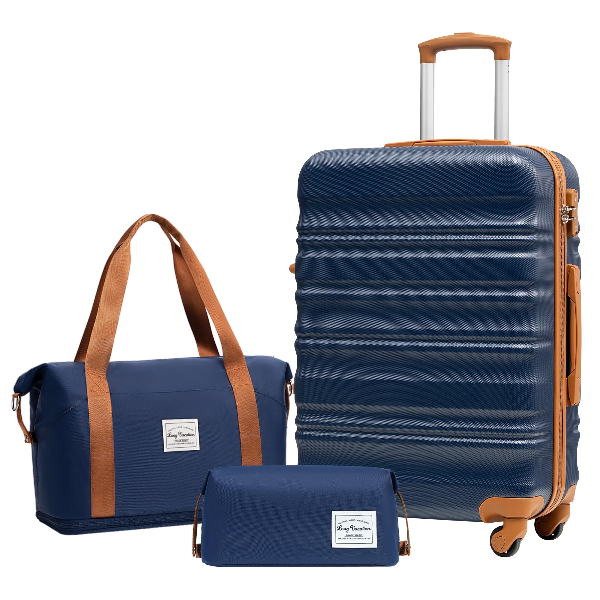 LONG VACATION Luggage Sets 4 Piece Luggage with ABS+PC Hardshell, Spinner Wheels & YKK Zipper TSA Lock for Travel Esssentials (White-Brown, 6 piece Set) - pokemaLONG VACATION Luggage Sets 4 Piece Luggage with ABS+PC Hardshell, Spinner Wheels & YKK Zipper TSA Lock for Travel Esssentials (White-Brown, 6 piece Set)
