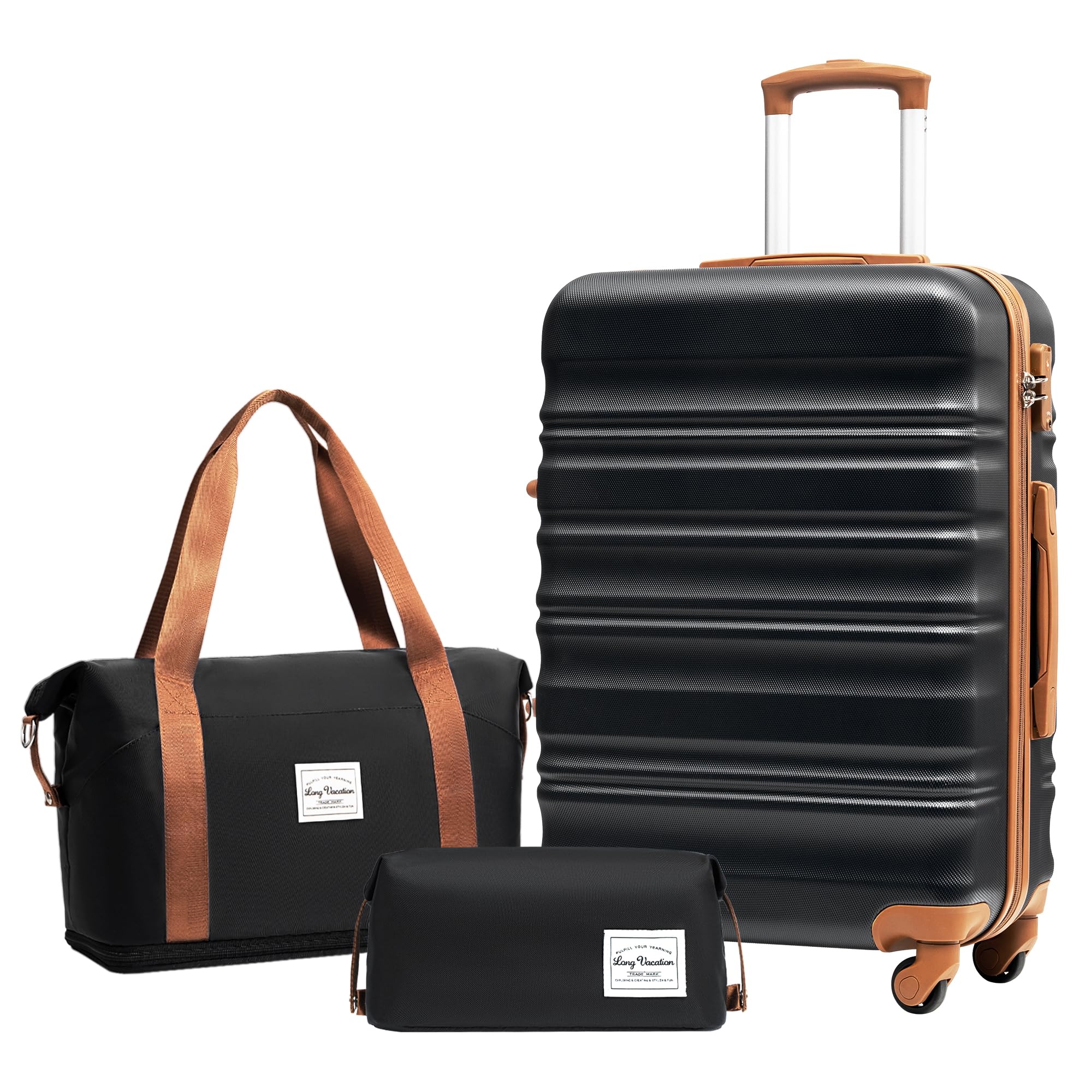 LONG VACATION Luggage Sets 4 Piece Luggage with ABS+PC Hardshell, Spinner Wheels & YKK Zipper TSA Lock for Travel Esssentials (White-Brown, 6 piece Set) - pokemaLONG VACATION Luggage Sets 4 Piece Luggage with ABS+PC Hardshell, Spinner Wheels & YKK Zipper TSA Lock for Travel Esssentials (White-Brown, 6 piece Set)